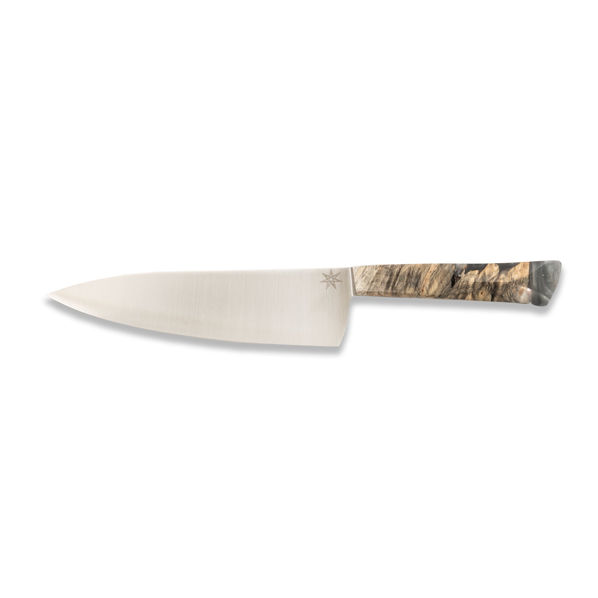 7" stainless steel chef knife with silvery resin and buckeye burl wood handle.