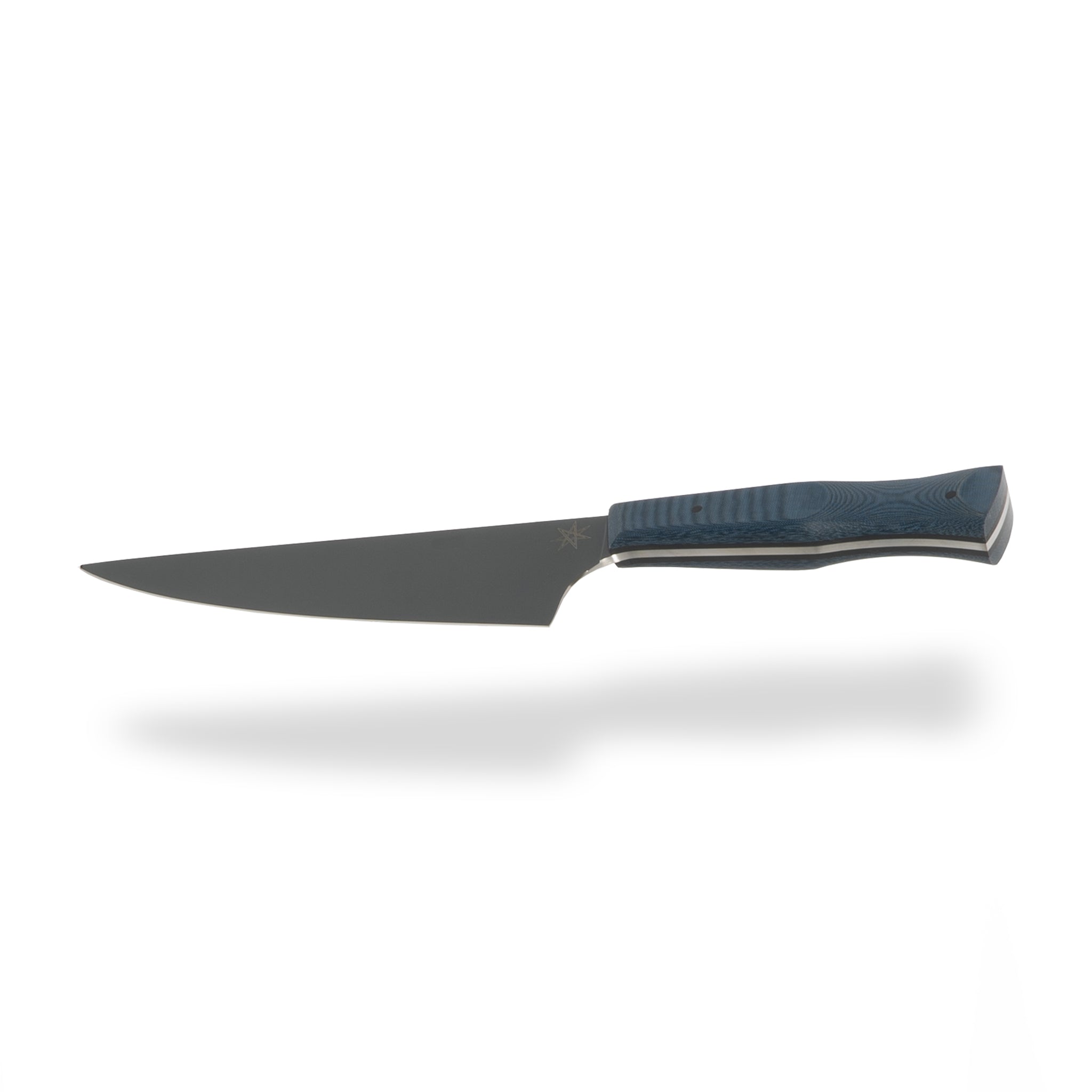 Town Cutler 7" Chef knife with Cerakote finished blade and blue linen micarta handle.