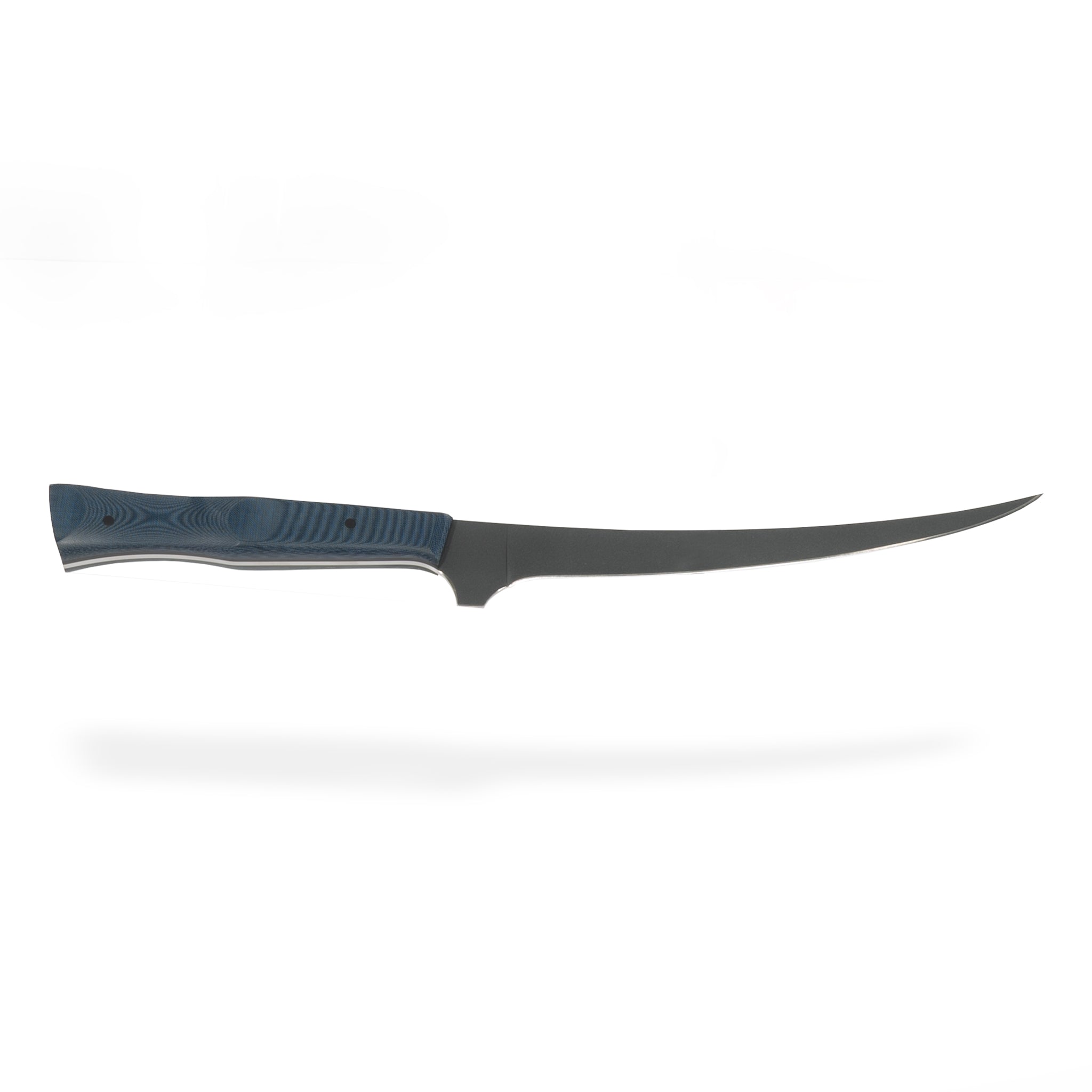 Town Cutler 6" curved boning knife with Cerakote finished blade and blue linen micarta handle.