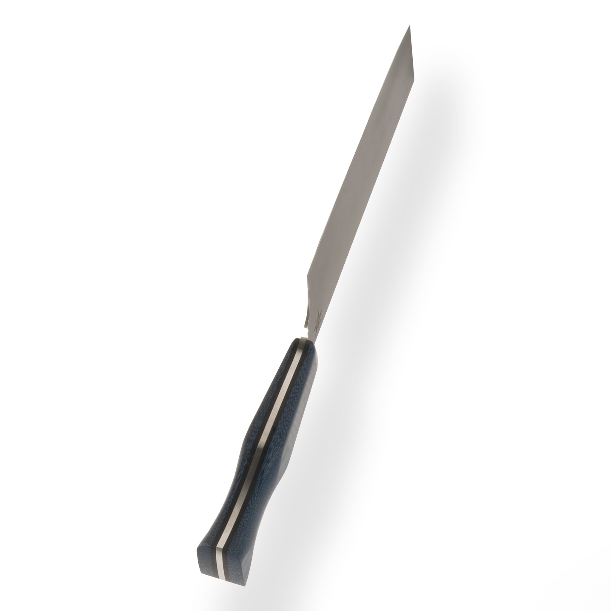 Town Cutler 7" Nakiri knife with Cerakote finished blade and blue linen micarta handle.