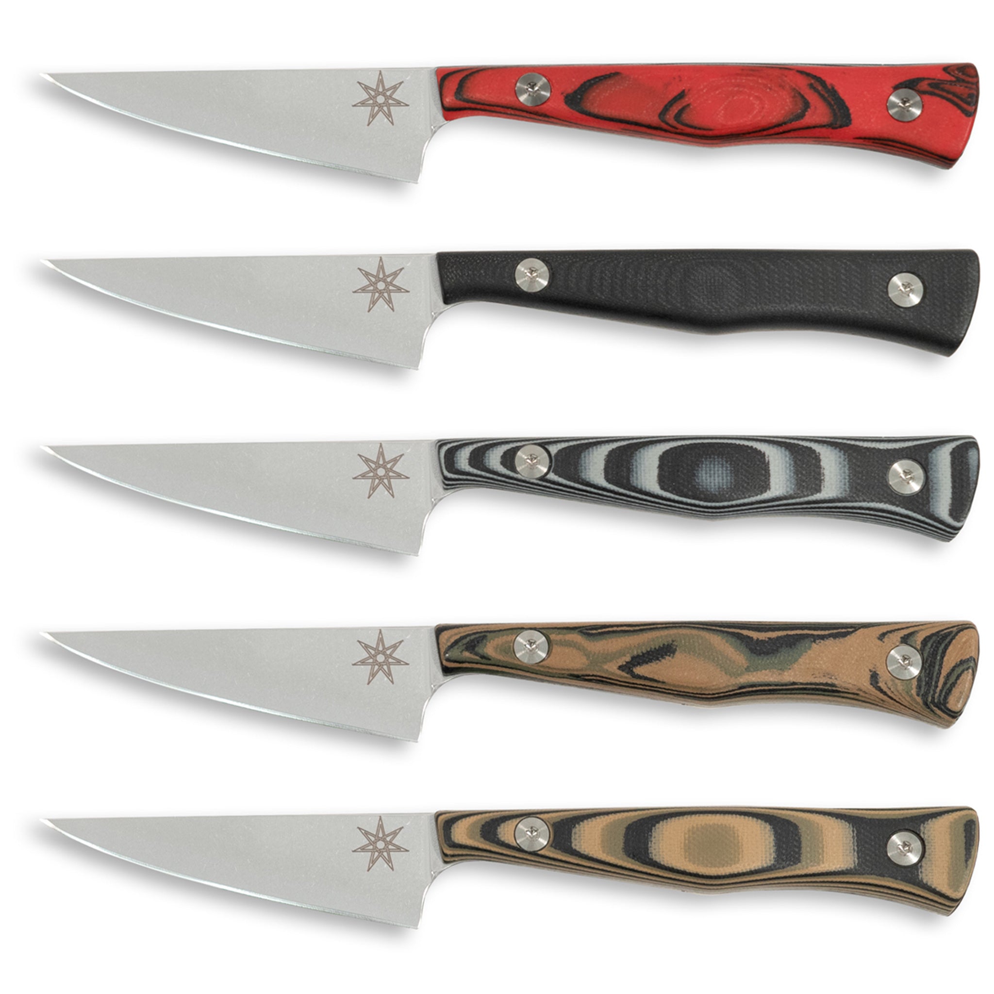 Five stainless steel paring knives with colorful g-10 handles.