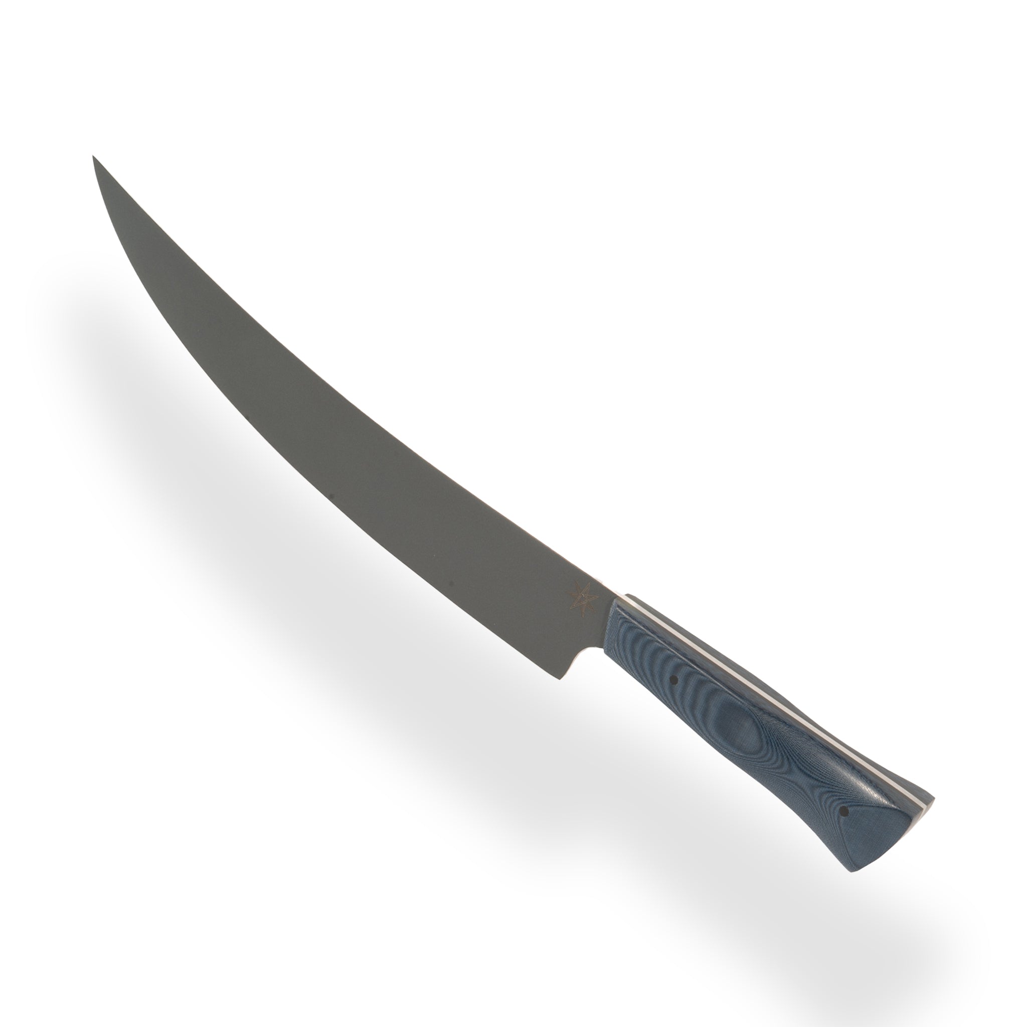 Town Cutler 11" Scimitar knife with Cerakote finished blade and blue linen micarta handle.