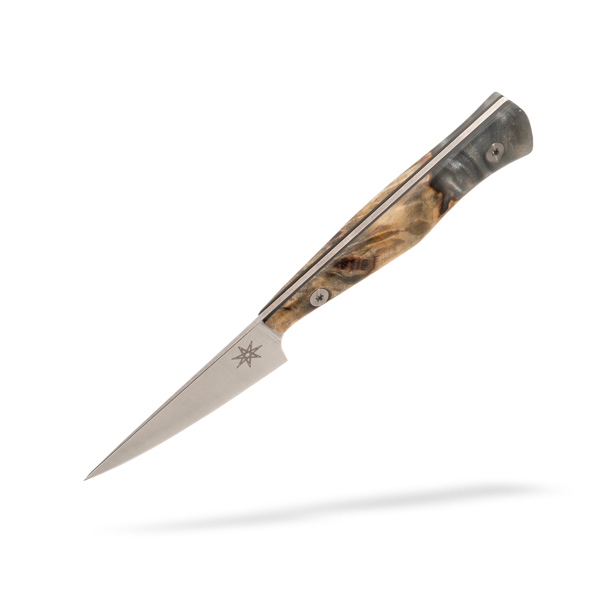 Detail photo of paring knife with a wood and resin handle on a white background