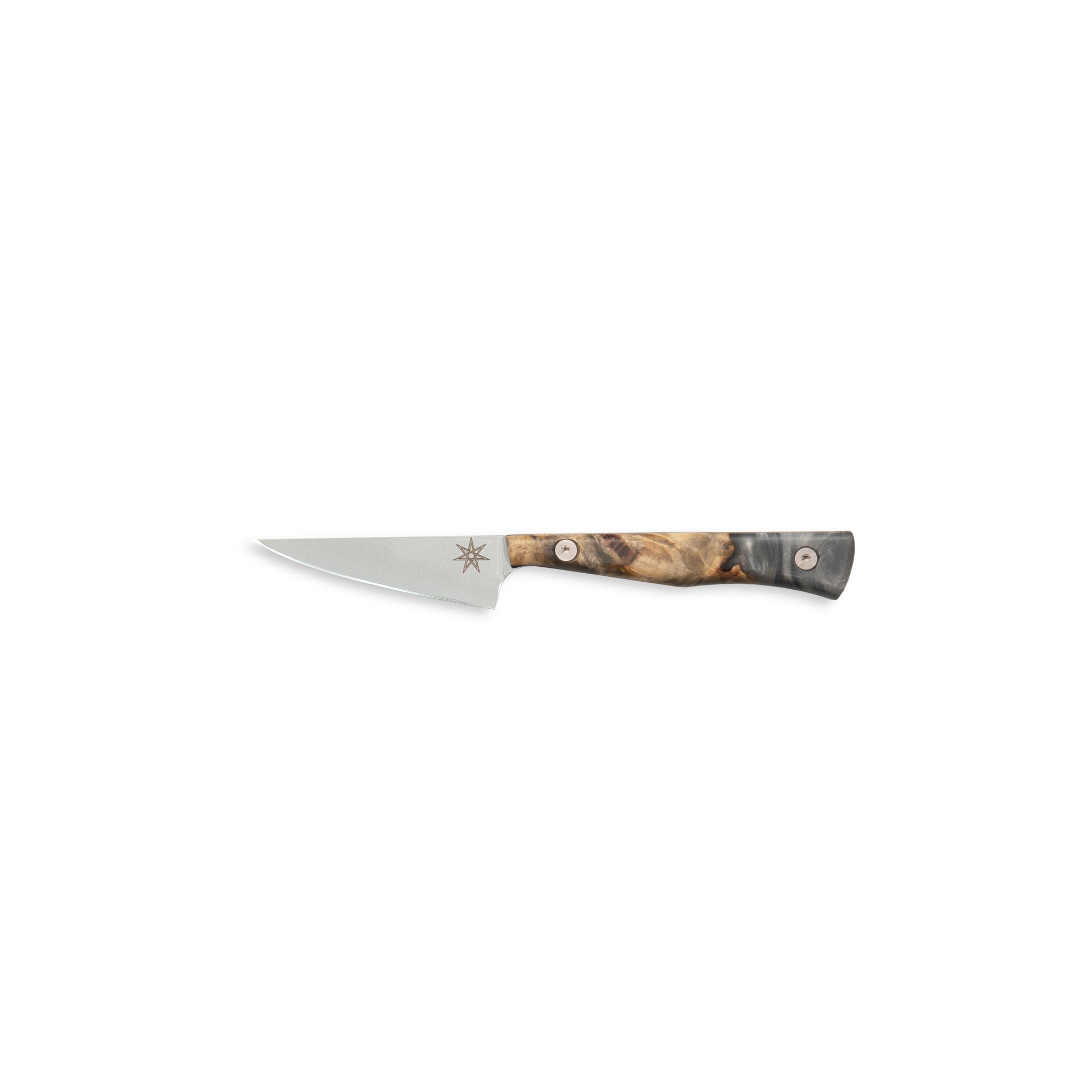 Kitchen paring knife with a silver gray resin and wood handle on a white background.