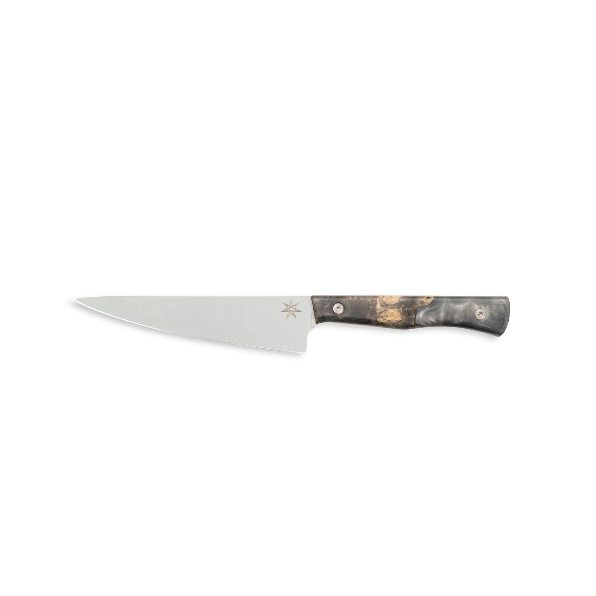 Kitchen utility petty knife with a silver gray resin and wood handle on a white background.