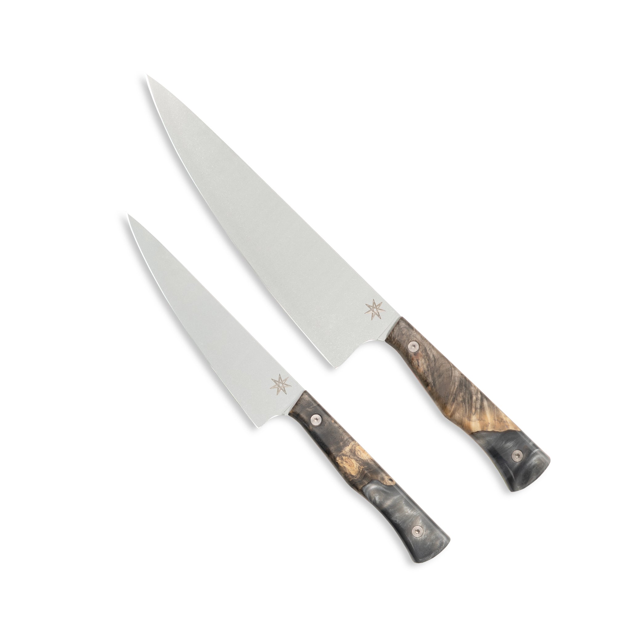 Knife set with two kitchen knives with wood and resins handles on a white background