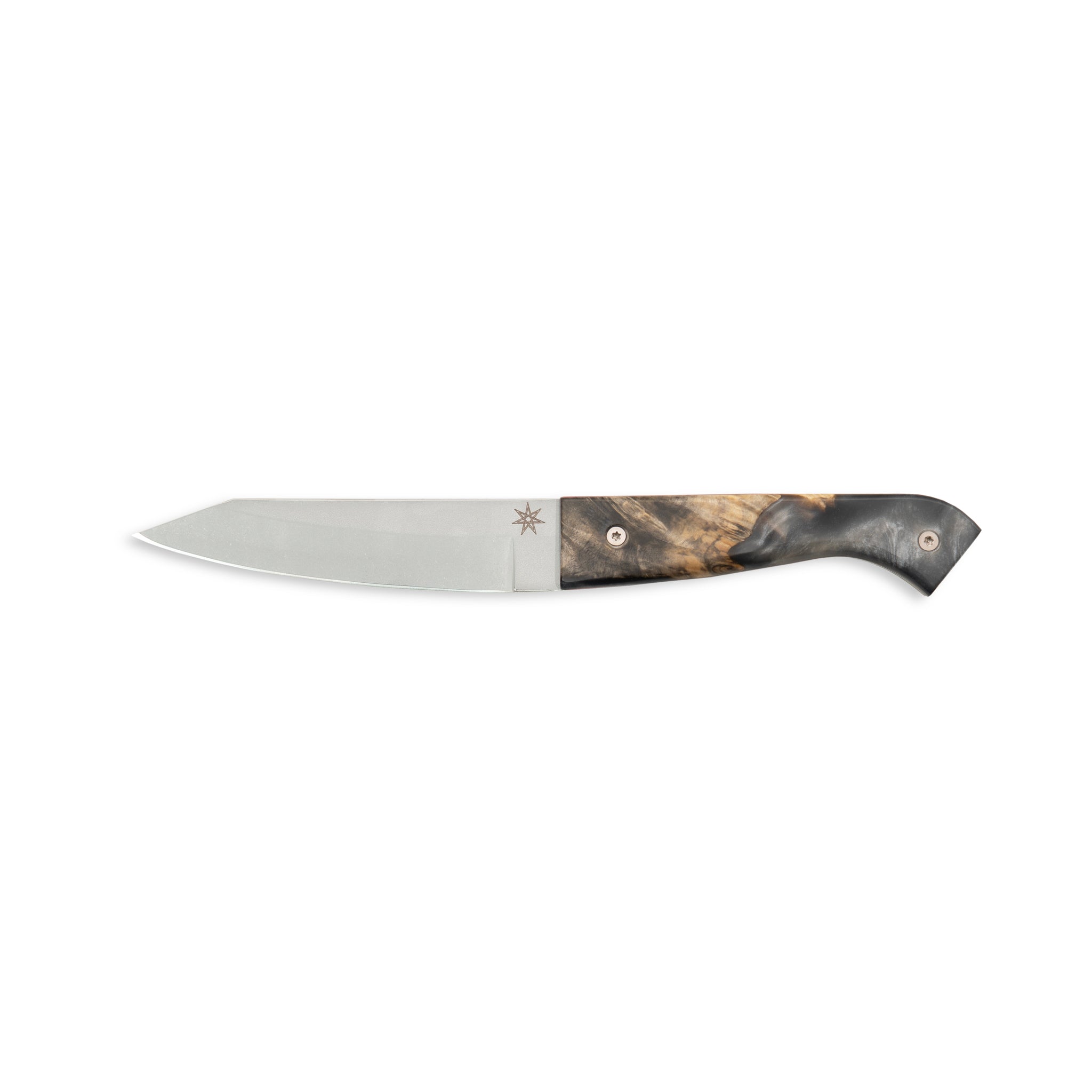 Hankotsu butcher knife with a silver gray resin and wood handle on a white background.