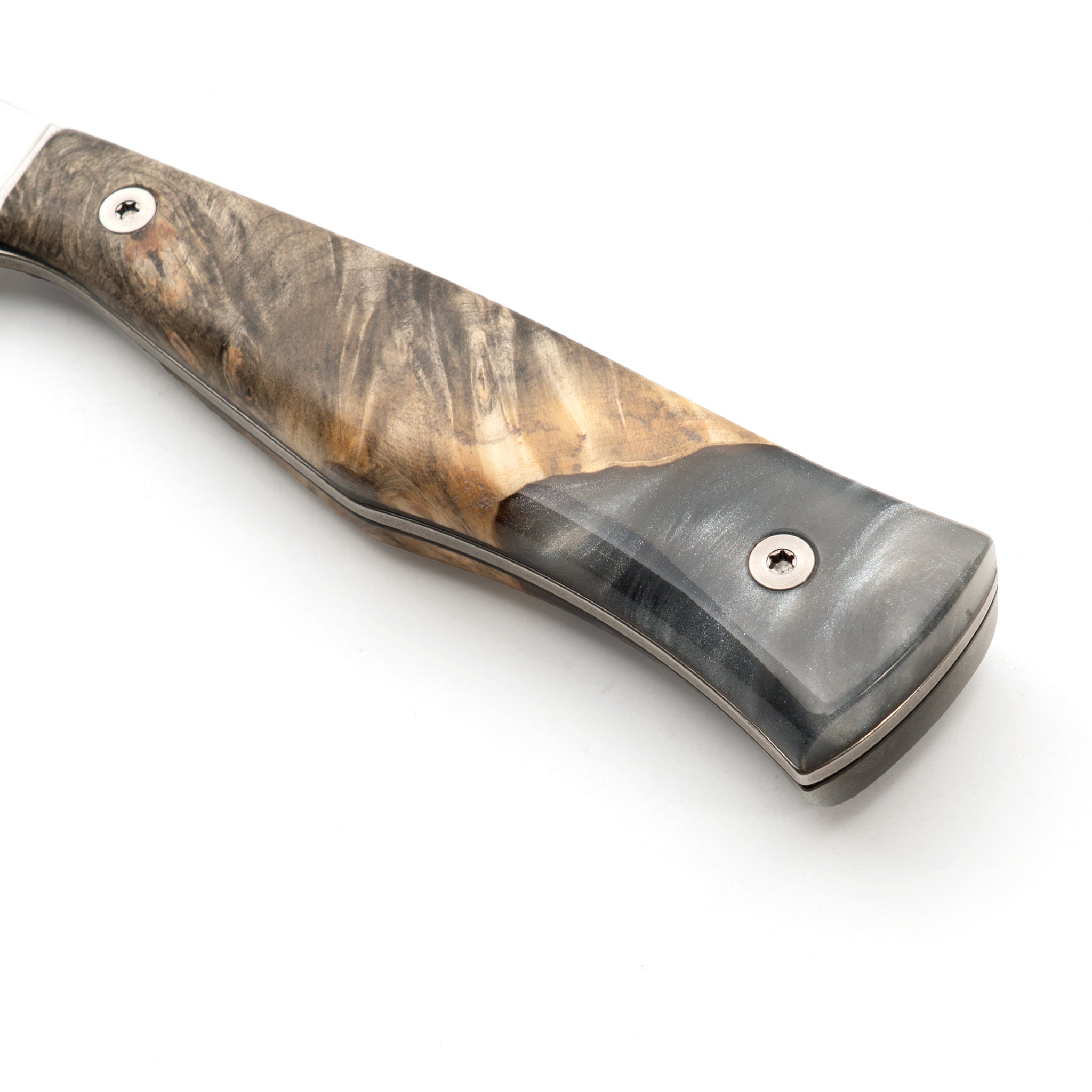 Detail of kitchen knife handle made from silver grey resin and wood.