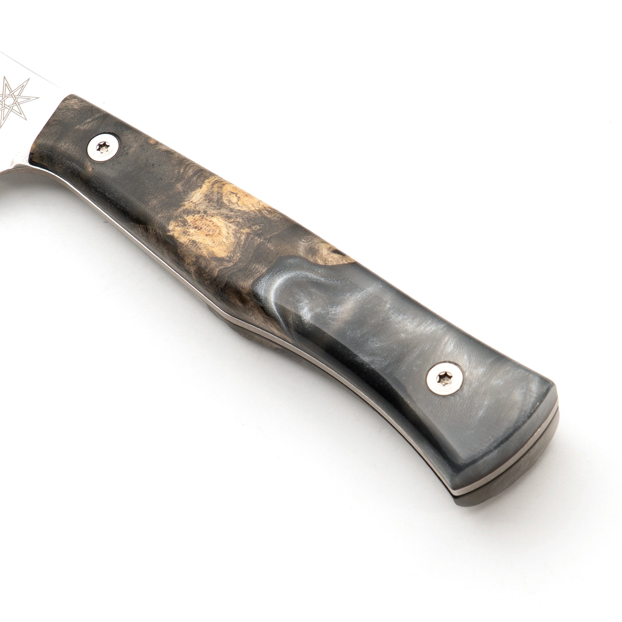 Detail of kitchen knife handle made from silver grey resin and wood.