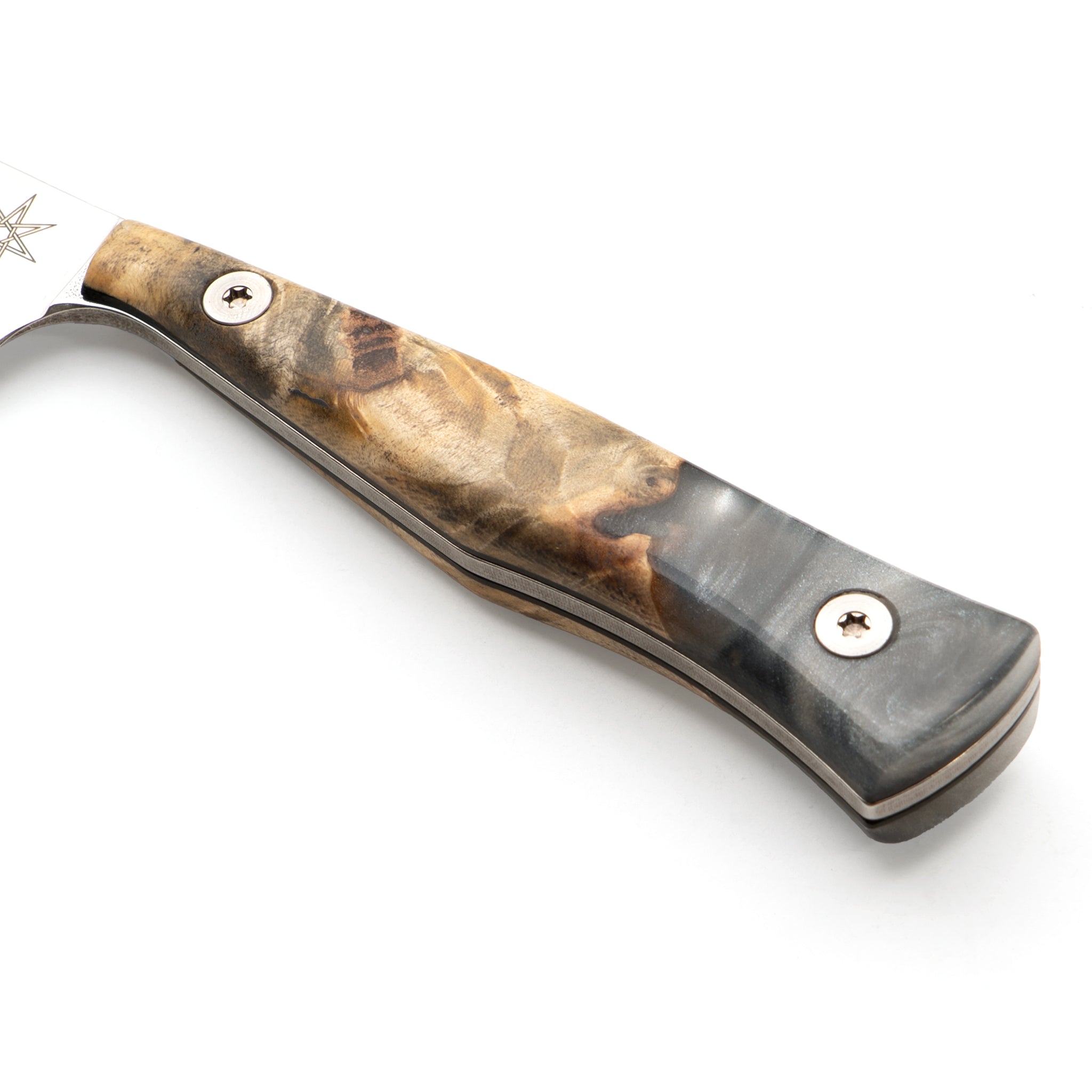 Detail of paring knife silver grey resin and wood handle on a white background.