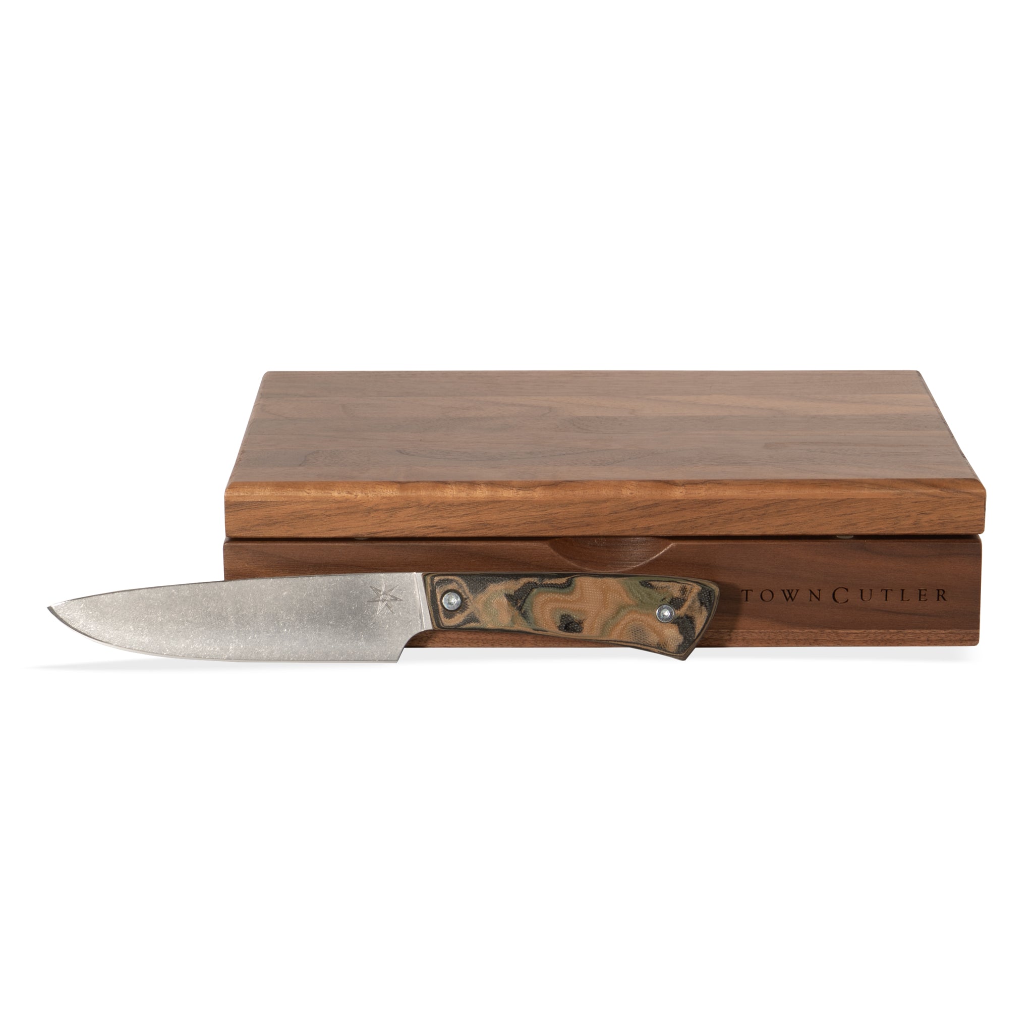 Stainless steel steak knife set with black, green, and tan burl handle and wood storage box