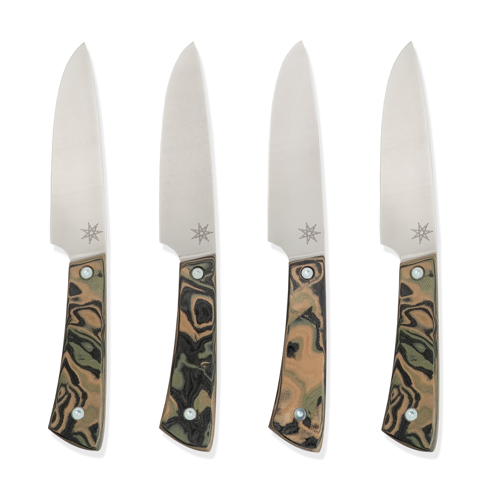 Stainless steel steak knife set with black, green, and tan burl handles