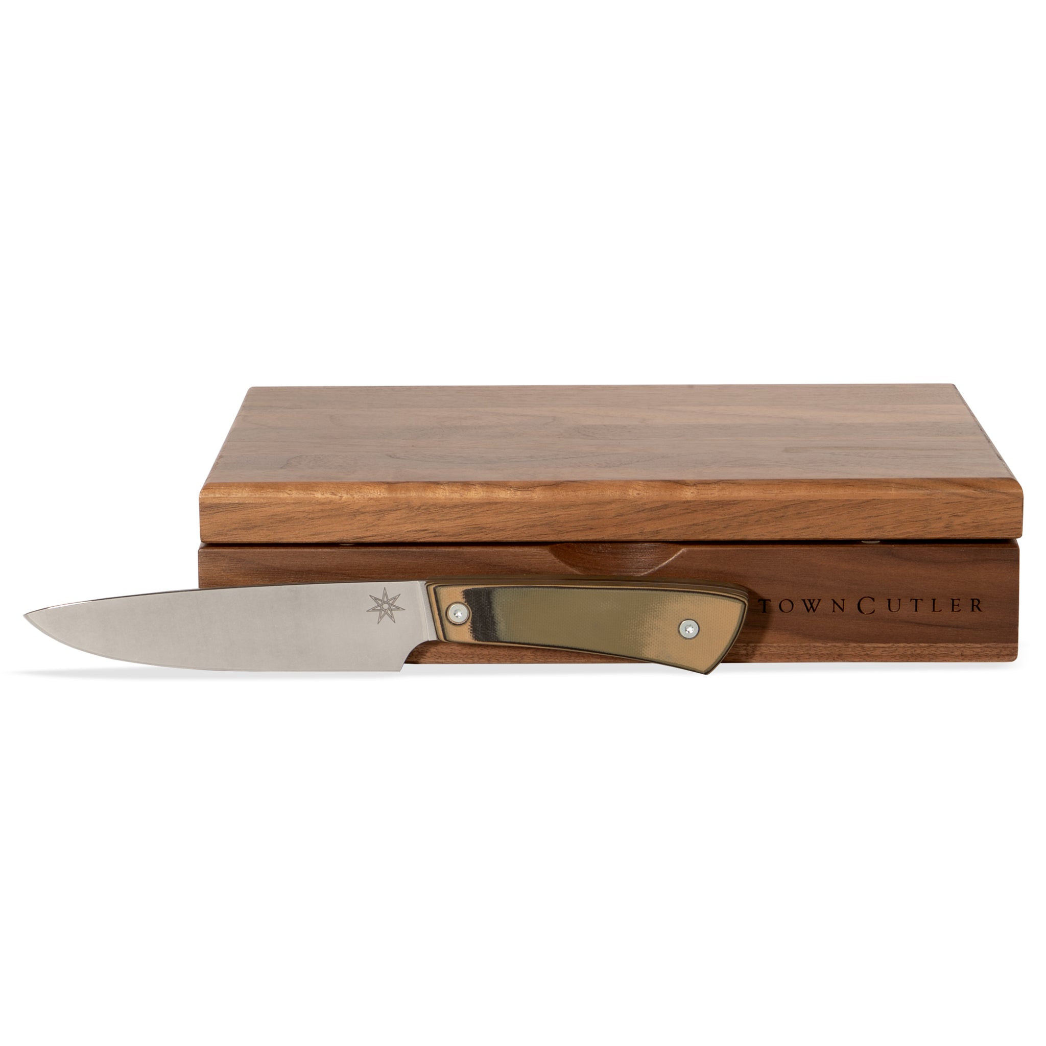 Stainless steel steak knife set with black, green, and tan handle and wood storage box