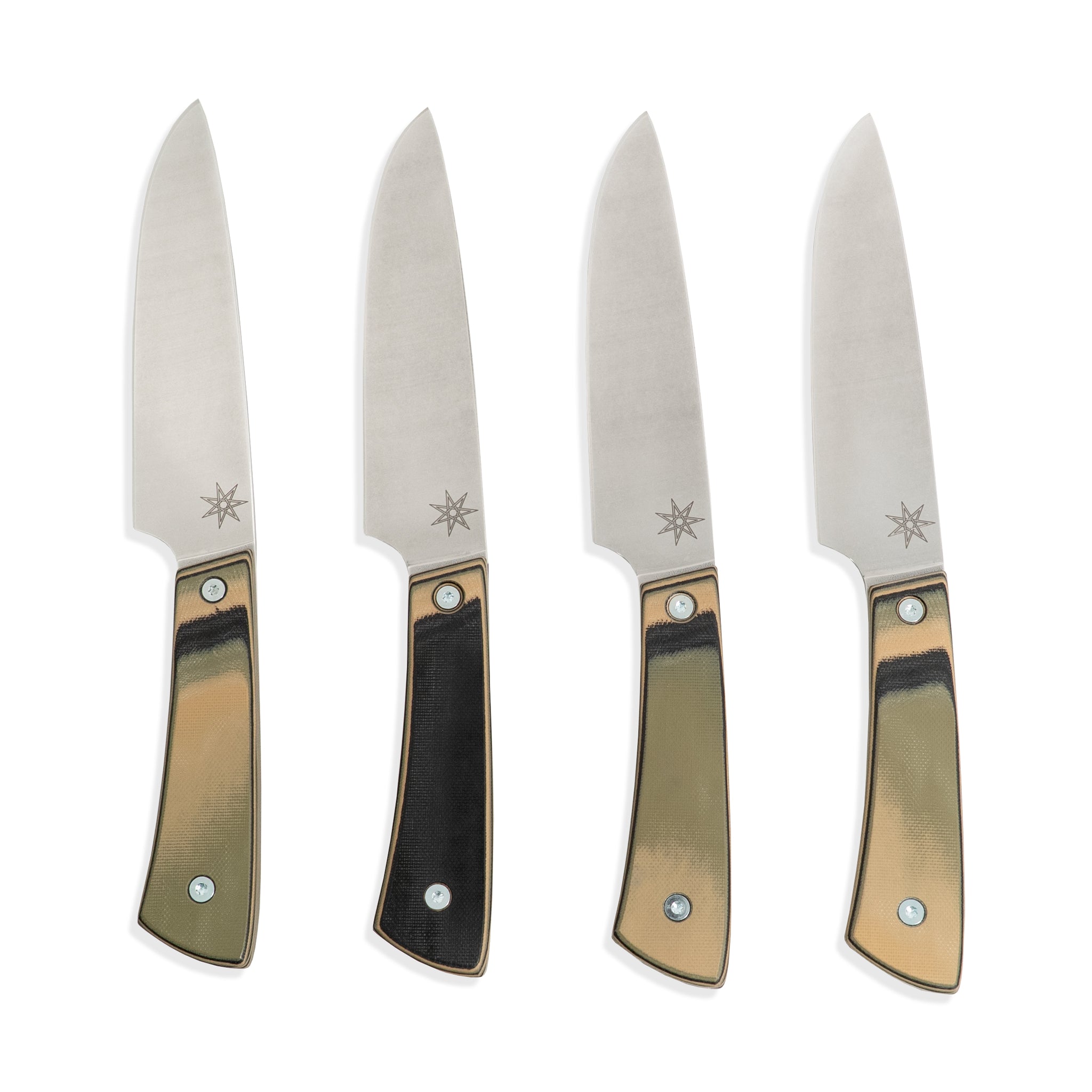 Stainless steel steak knife set with black, green, and tan handles