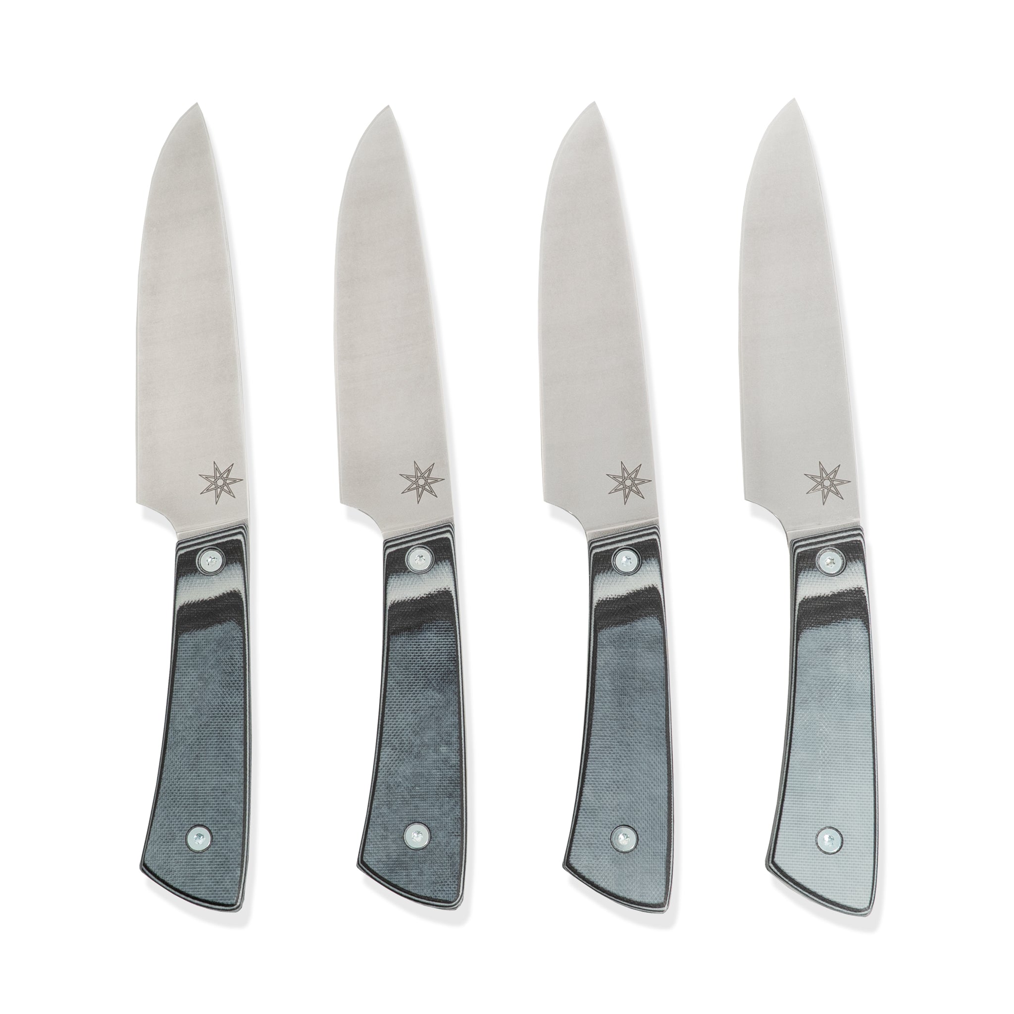 Stainless steel steak knife set with black and gray handles