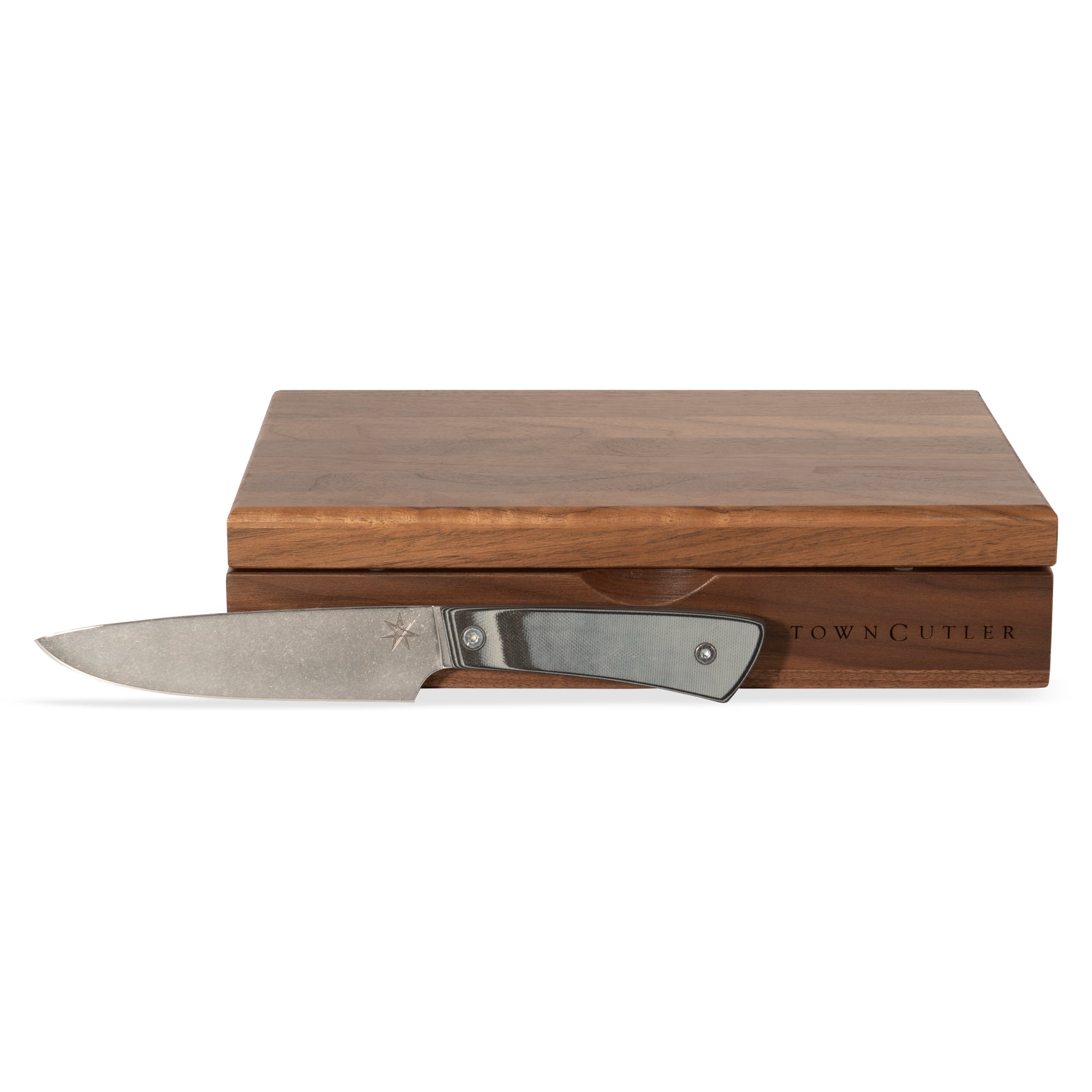Stainless steel steak knife set with black, green, and tan handle and wood storage box