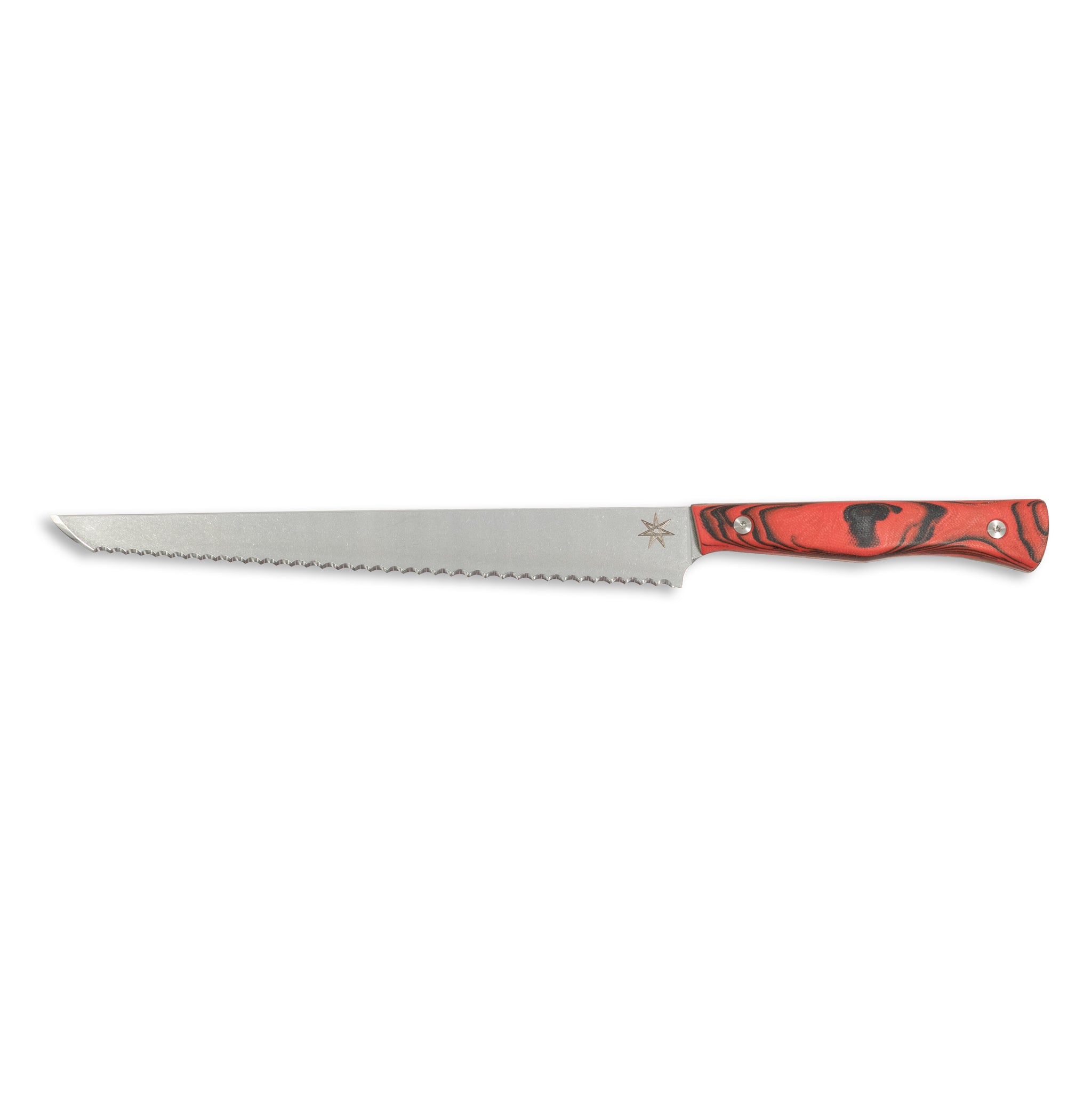 Bread Knife knife with stainless steel blade and black and red handle.
