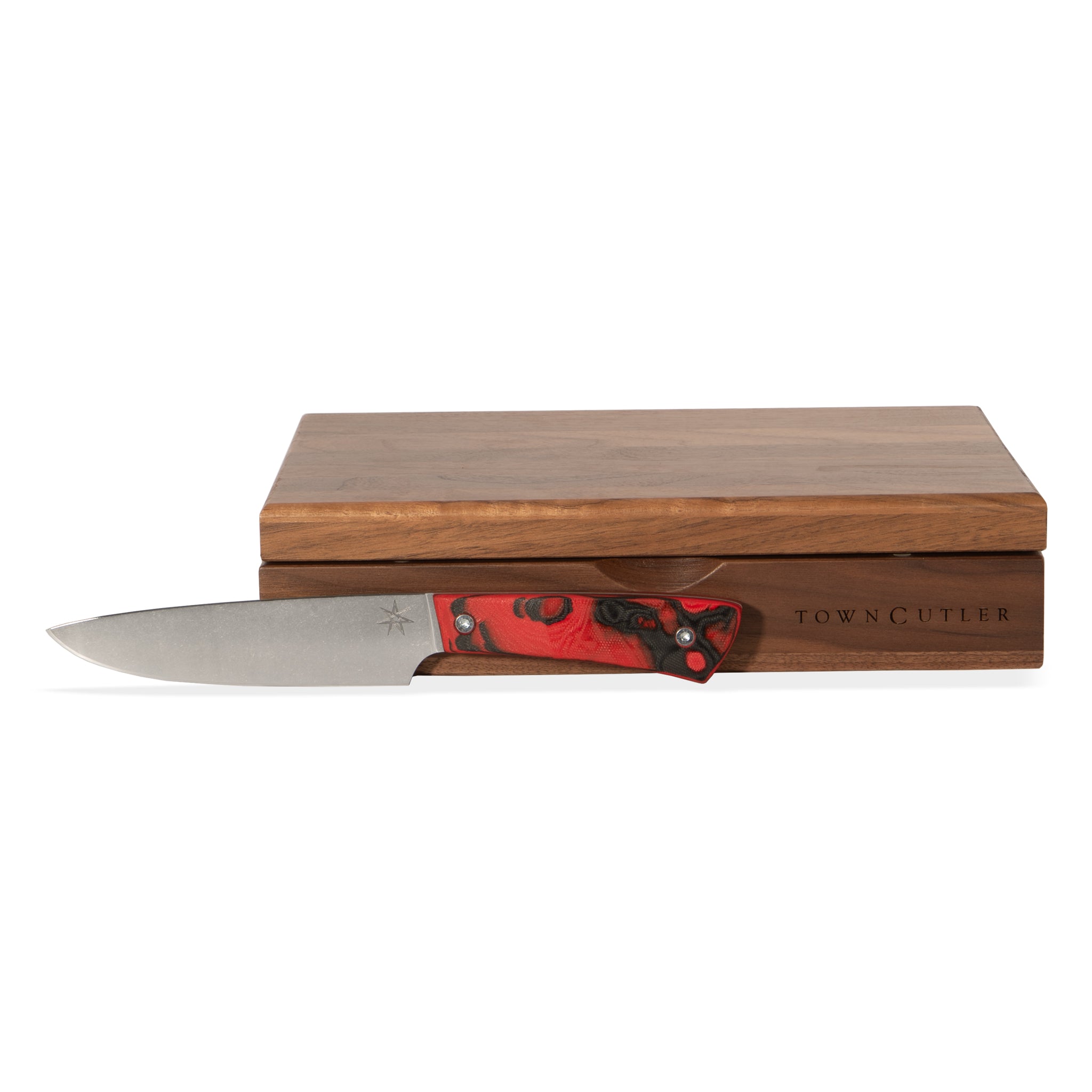 Stainless steel steak knife set with red and black handle and wood storage box