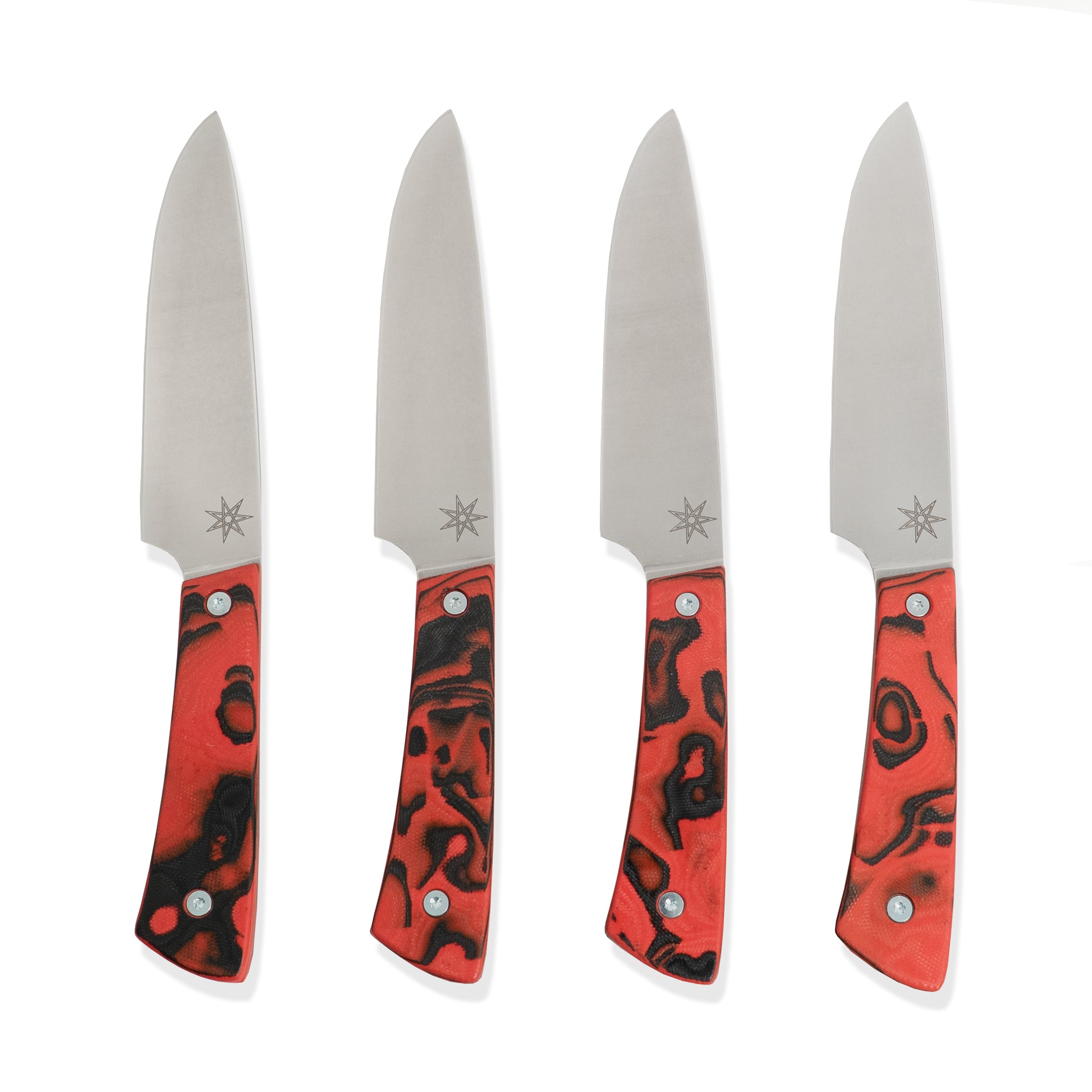 Stainless steel steak knife set with red and black handles