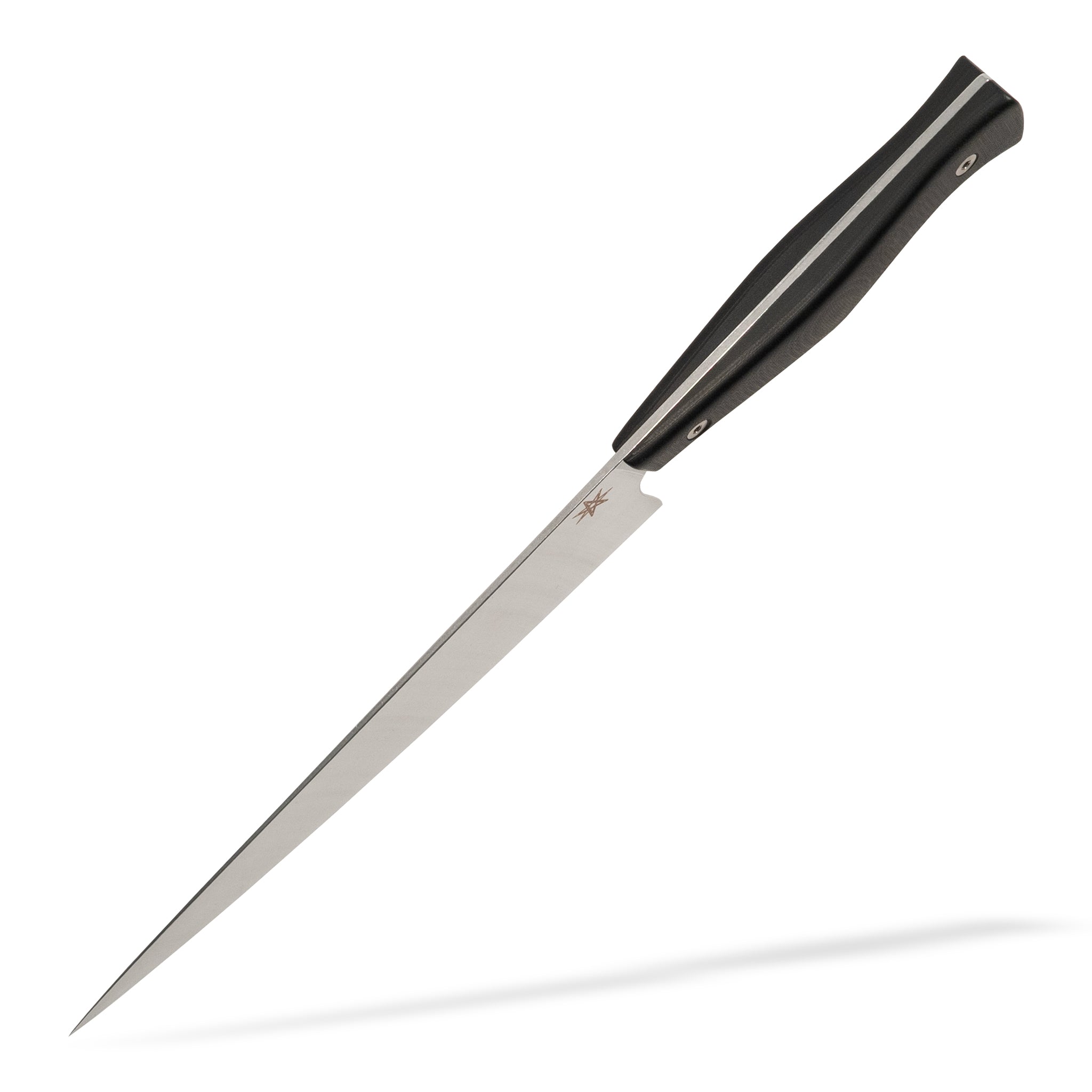 Detail view of Town Cutler Culinary 2.0 8.5" chef knife with black g-10 handle and stainless steel blade.