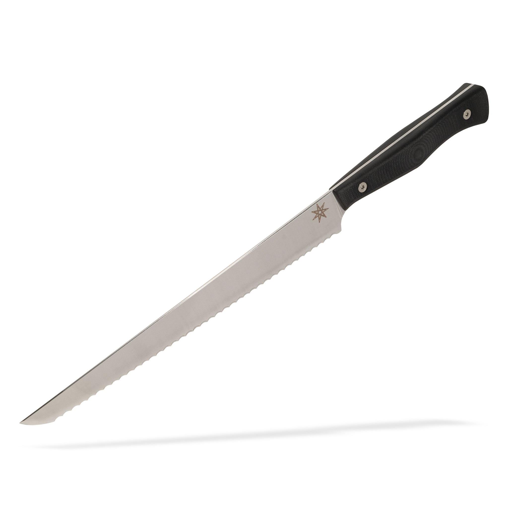 Detail view of Town Cutler Culinary 2.0 bread knife with black g-10 handle and stainless steel blade.