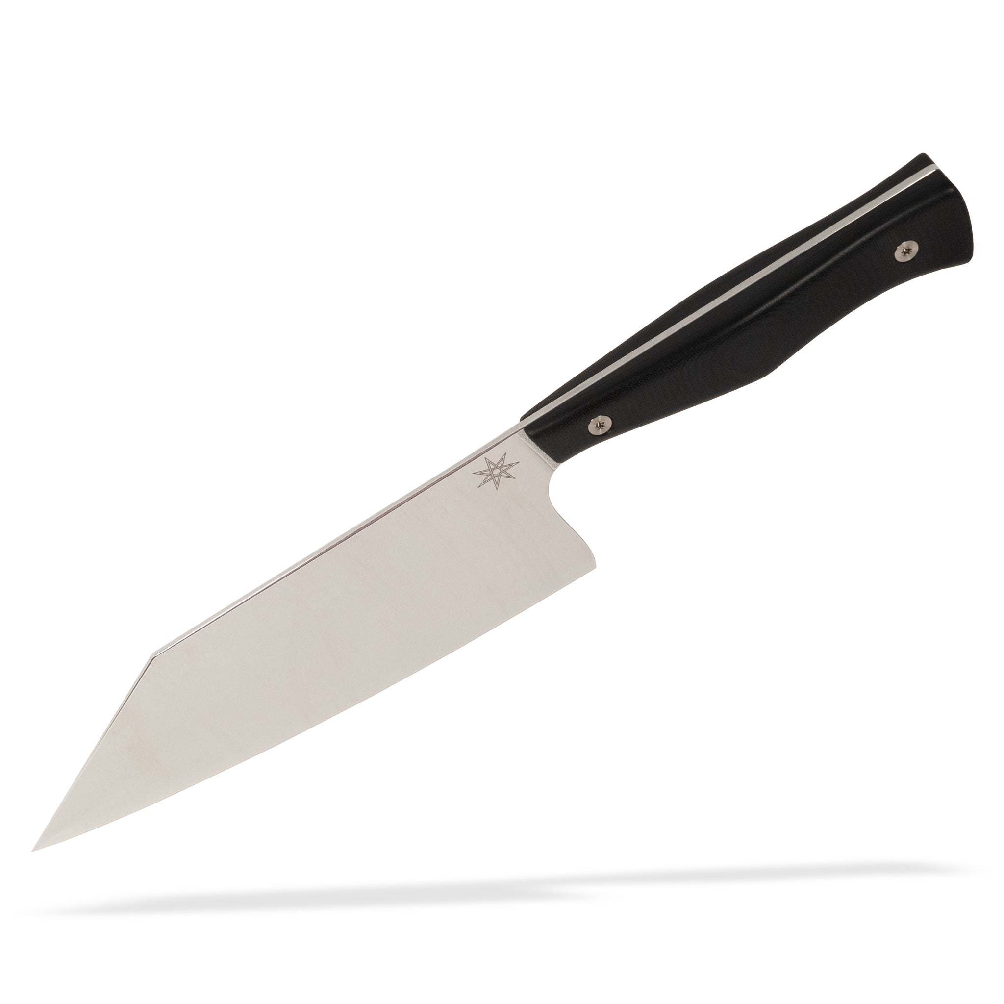 Detail view of Town Cutler Culinary 2.0 chopper kitchen knife with black g-10 handle and stainless steel blade.