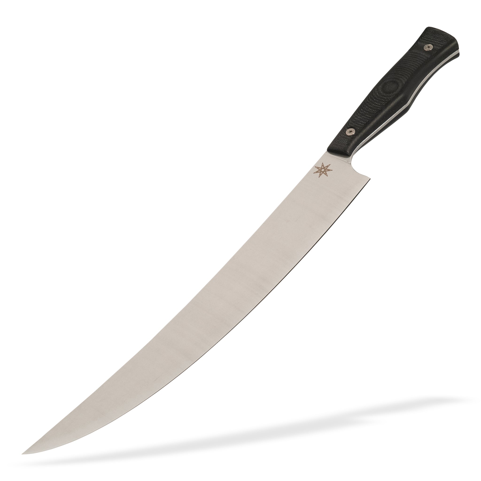 Detail view of Town Cutler Culinary 2.0 scimitar butcher knife with black g-10 handle and stainless steel blade.