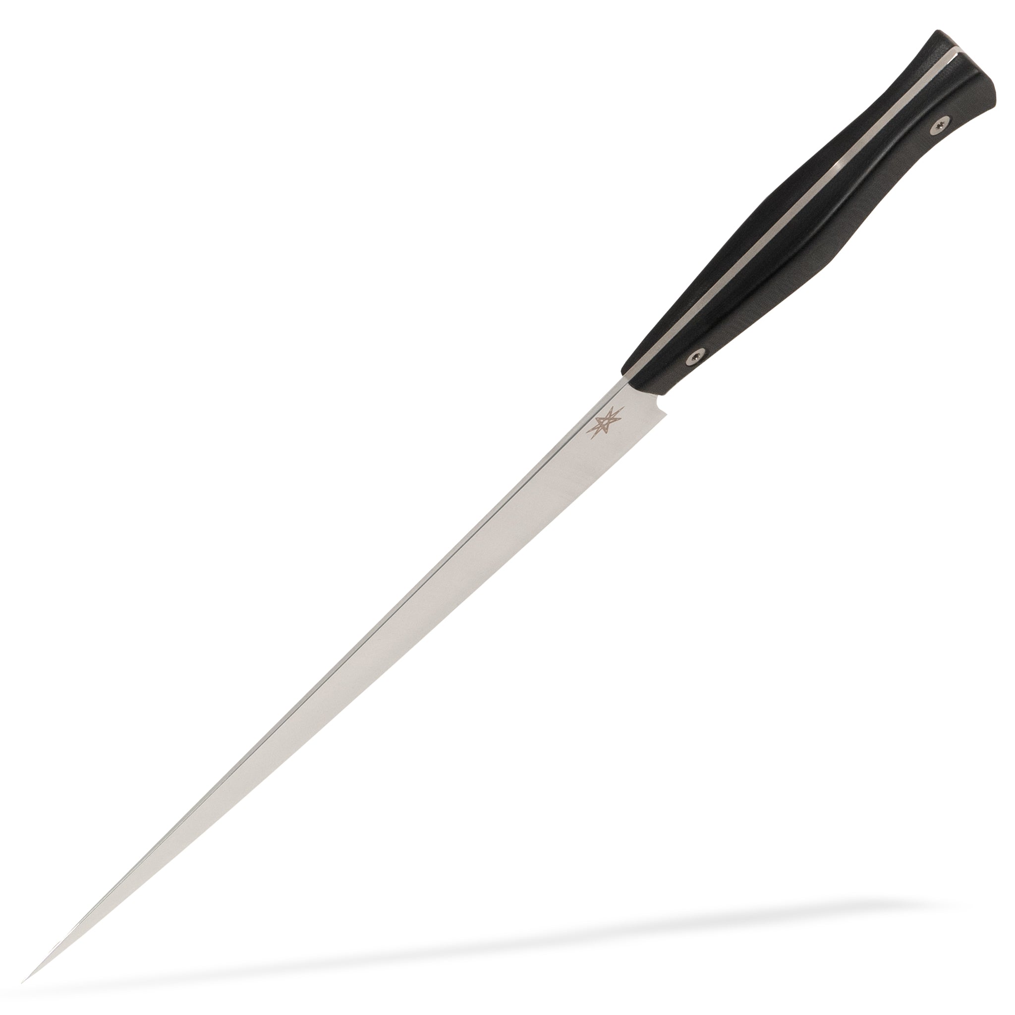 Stainless steel slicer carving knife with black g-10 handle by Town Cutler.