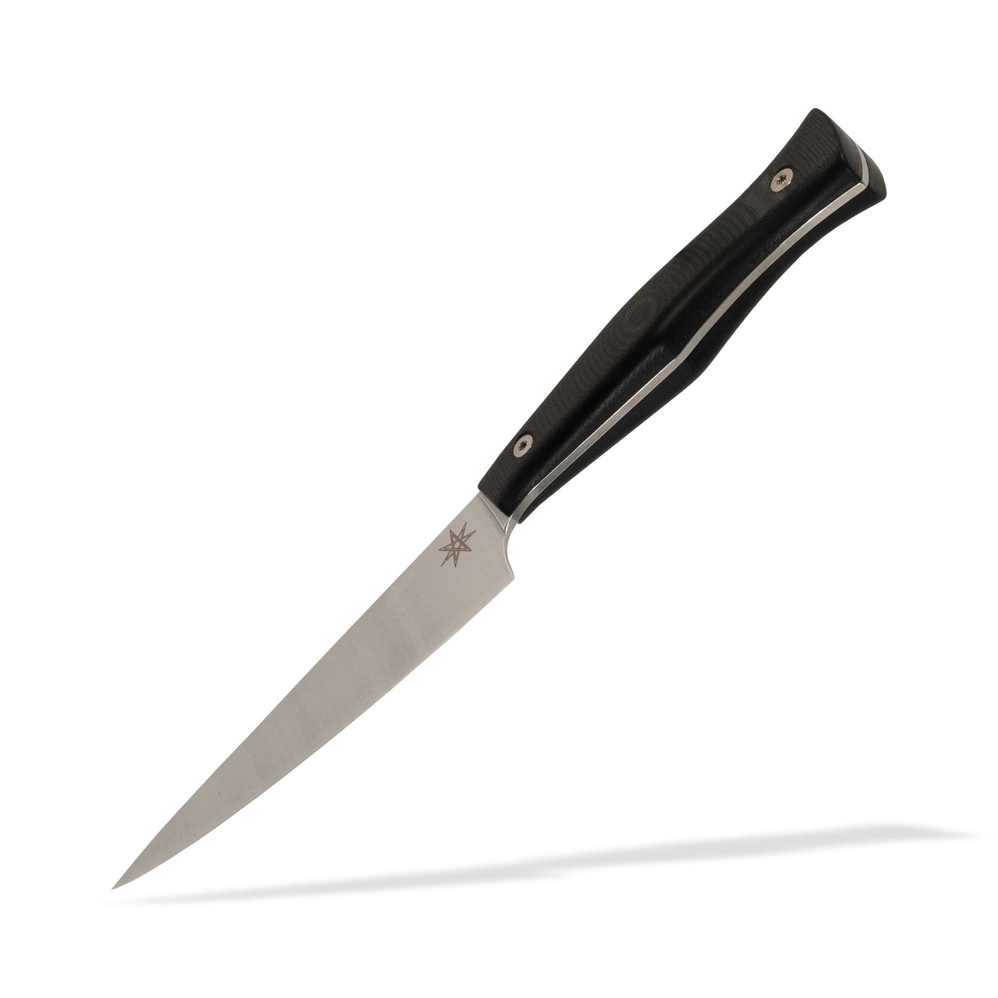 Detail view of Town Cutler Culinary 2.0 kitchen utility petty knife with black g-10 handle and stainless steel blade.