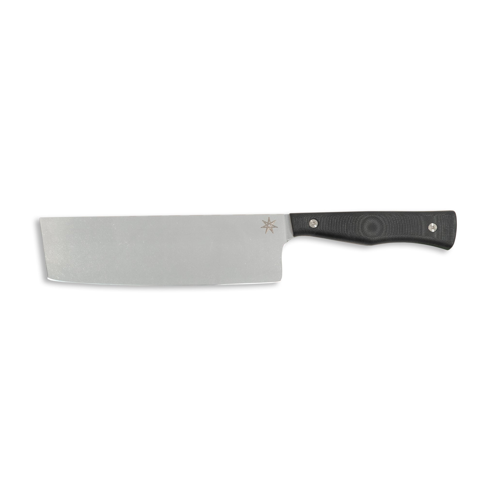 Stainless steel nakiri vegetable knife with a black handle.