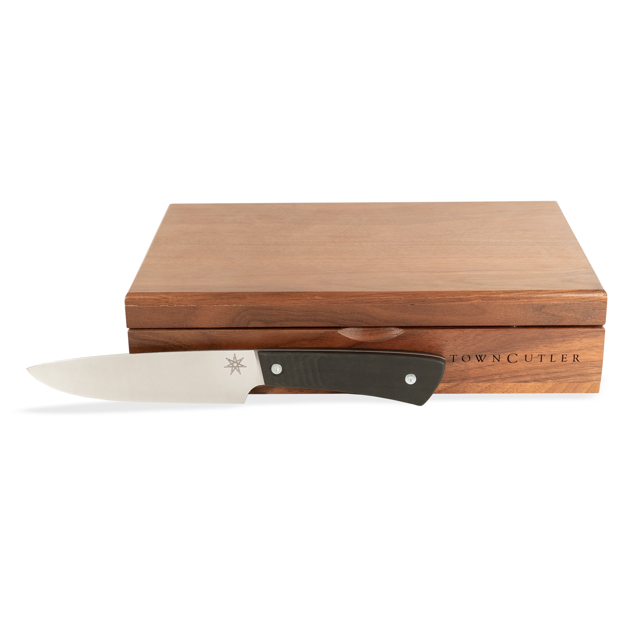 Stainless steel steak knife set with black handle and wood storage box