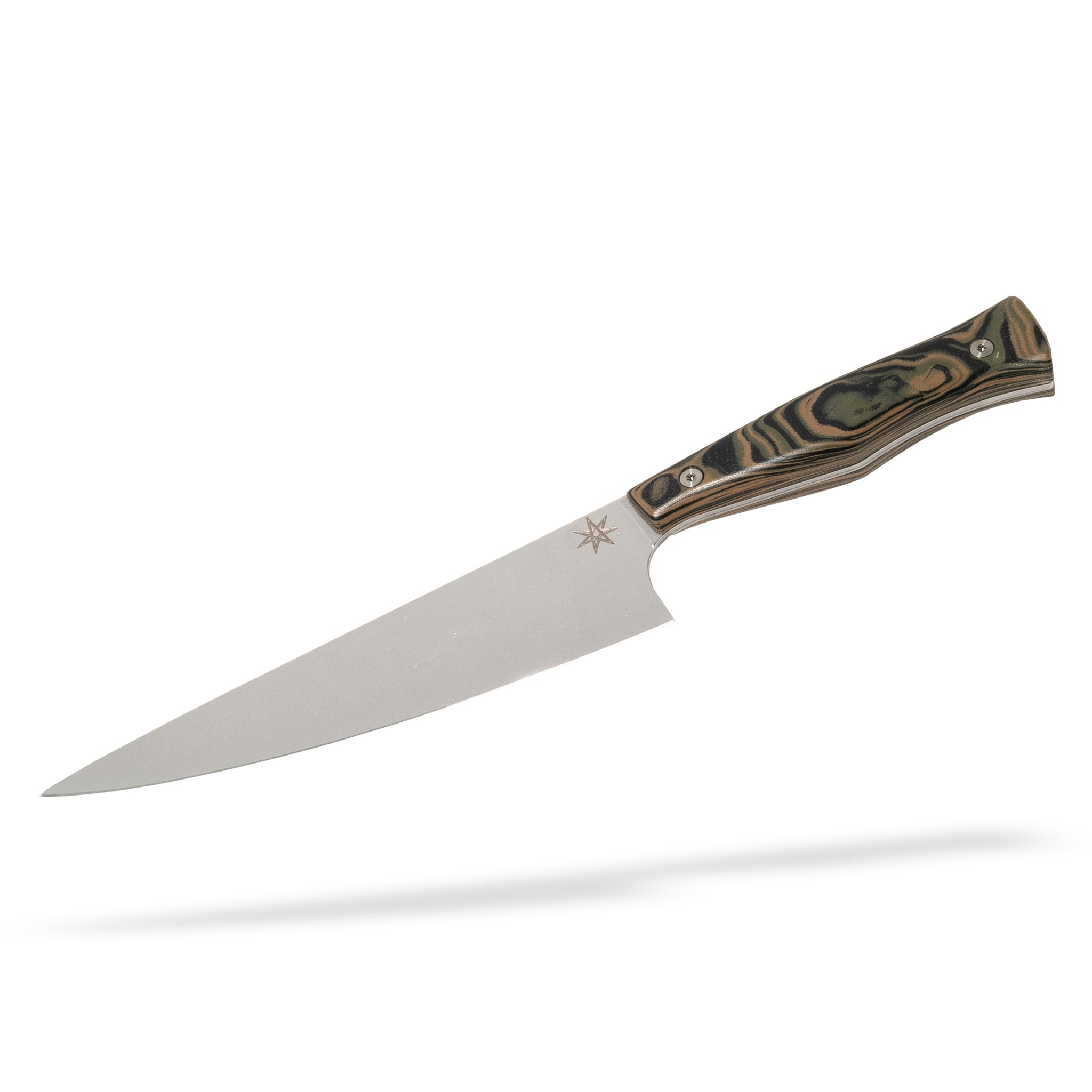Detail view of Town Cutler Culinary 2.0 7" chef knife with black, green, and tan burl g-10 handle and stainless steel blade.