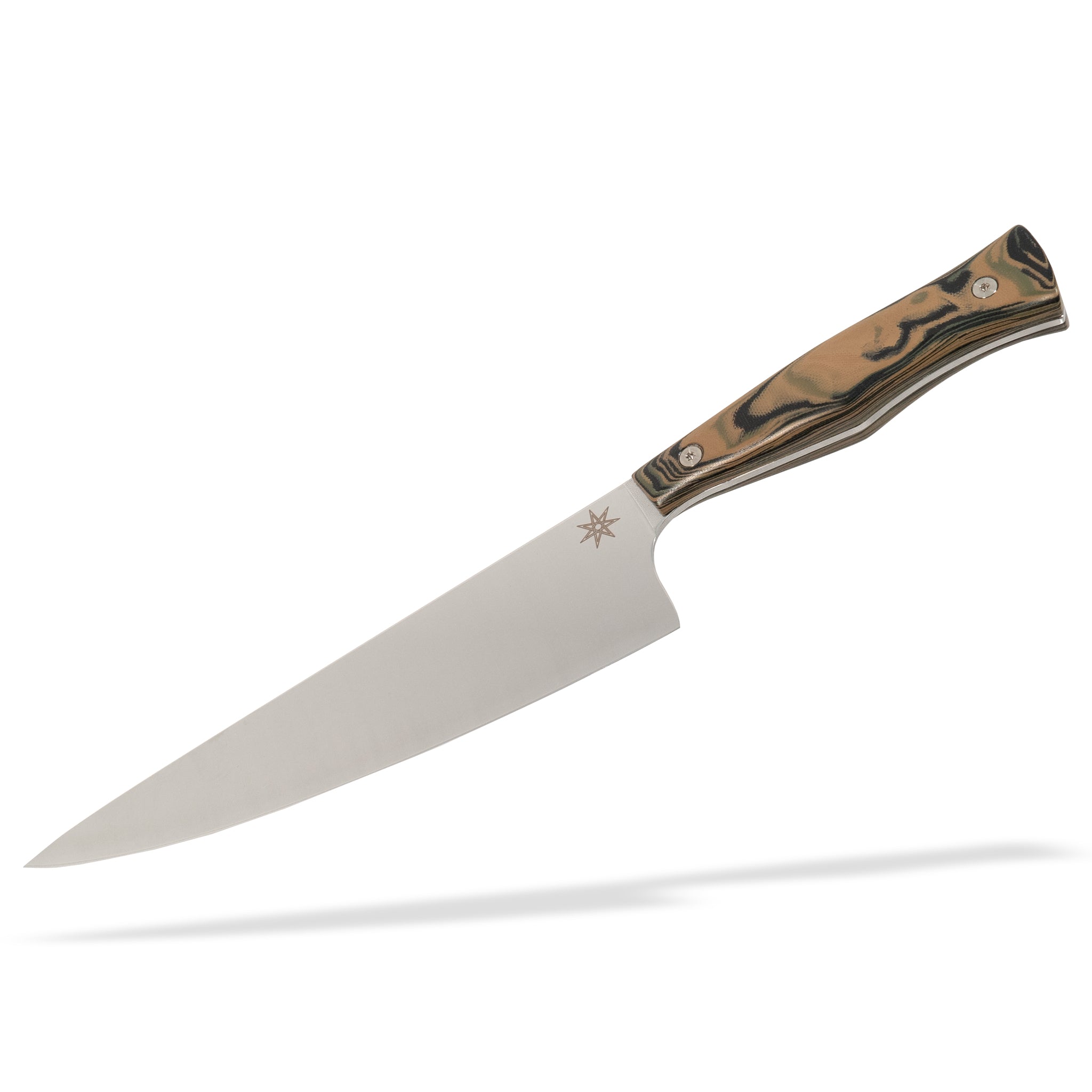 Detail view of Town Cutler Culinary 2.0 8.5" chef knife with black, green, and tan burl g-10 handle and stainless steel blade.