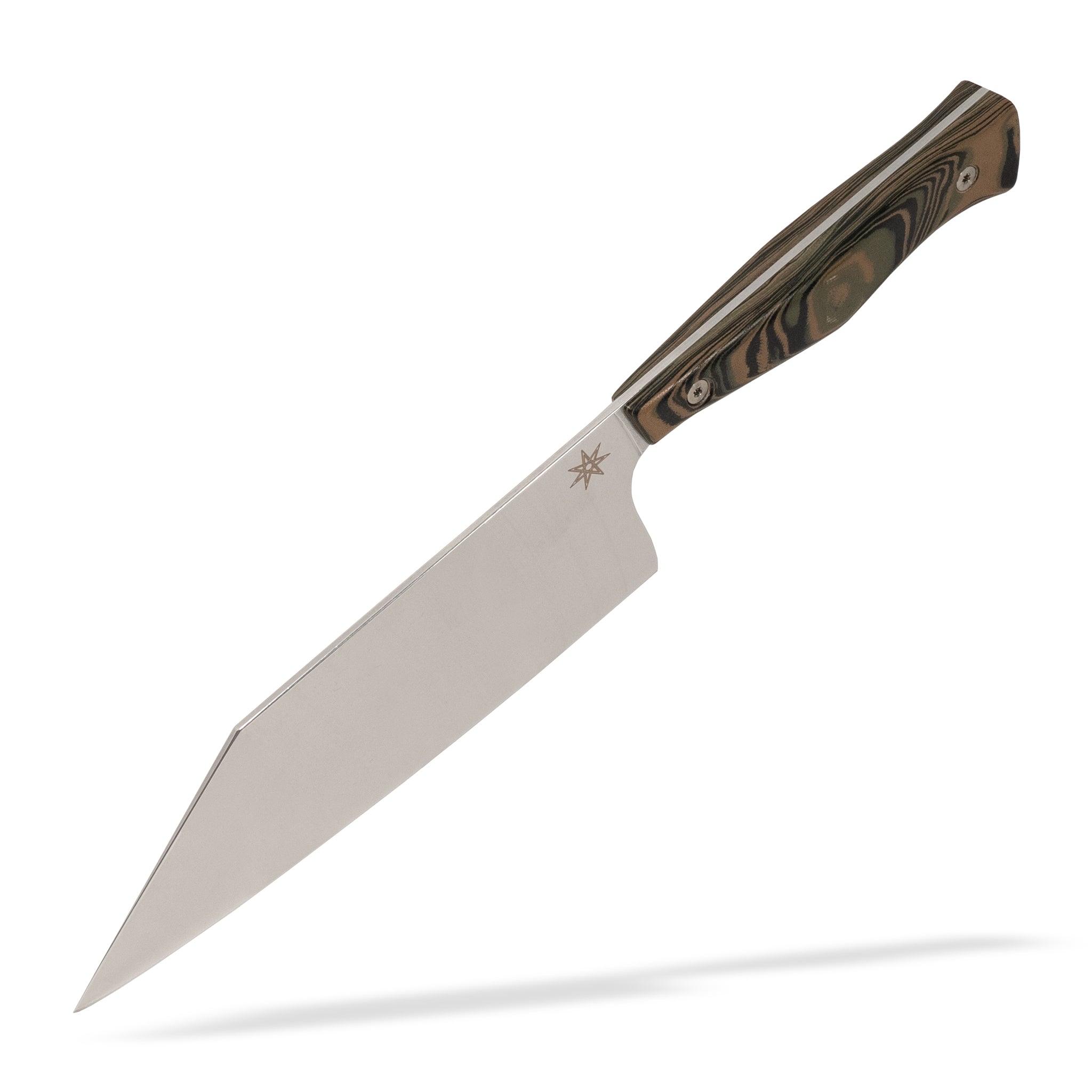 Detail view of Town Cutler Culinary 2.0 chopper kitchen knife with black, green, and tan burl g-10 handle and stainless steel blade.