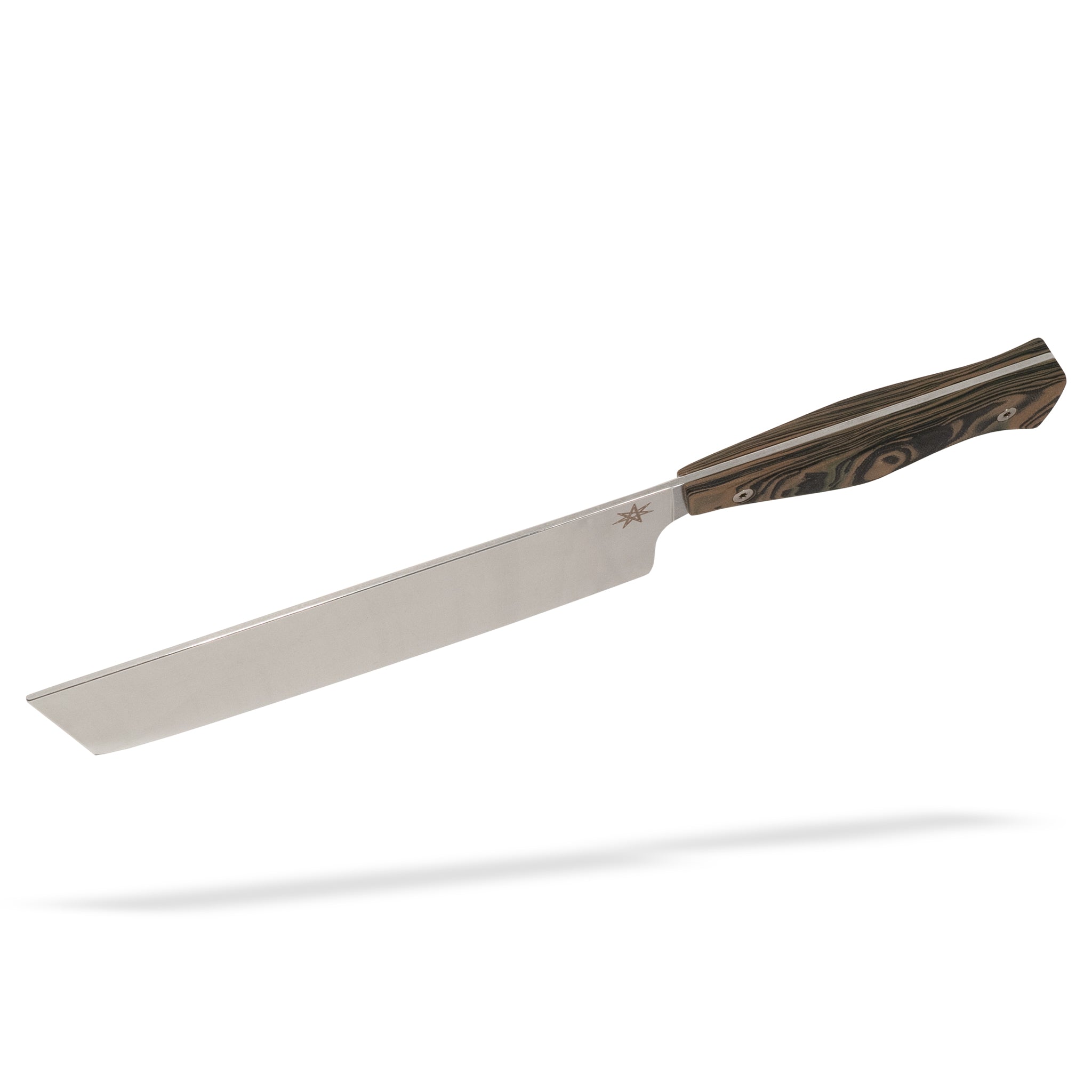 Detail view of Town Cutler Culinary 2.0 nakiri vegetable knife with black, green, and tan burl g-10 handle and stainless steel blade.