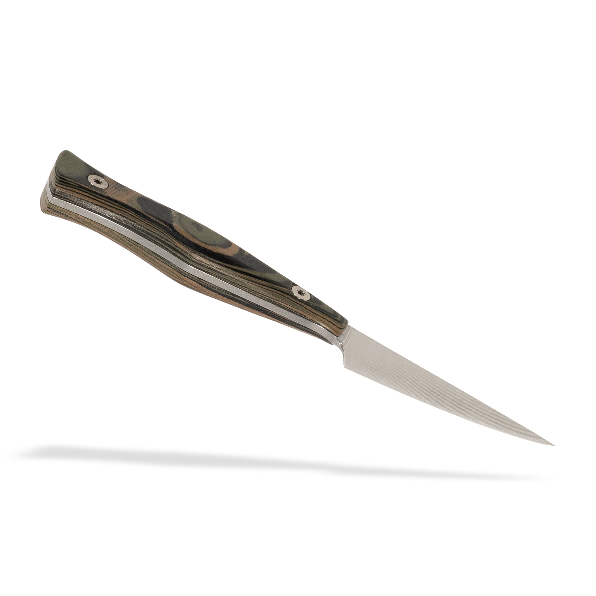 Detail view of Town Cutler Culinary 2.0 kitchen paring knife with black, green, and tan burl g-10 handle and stainless steel blade.