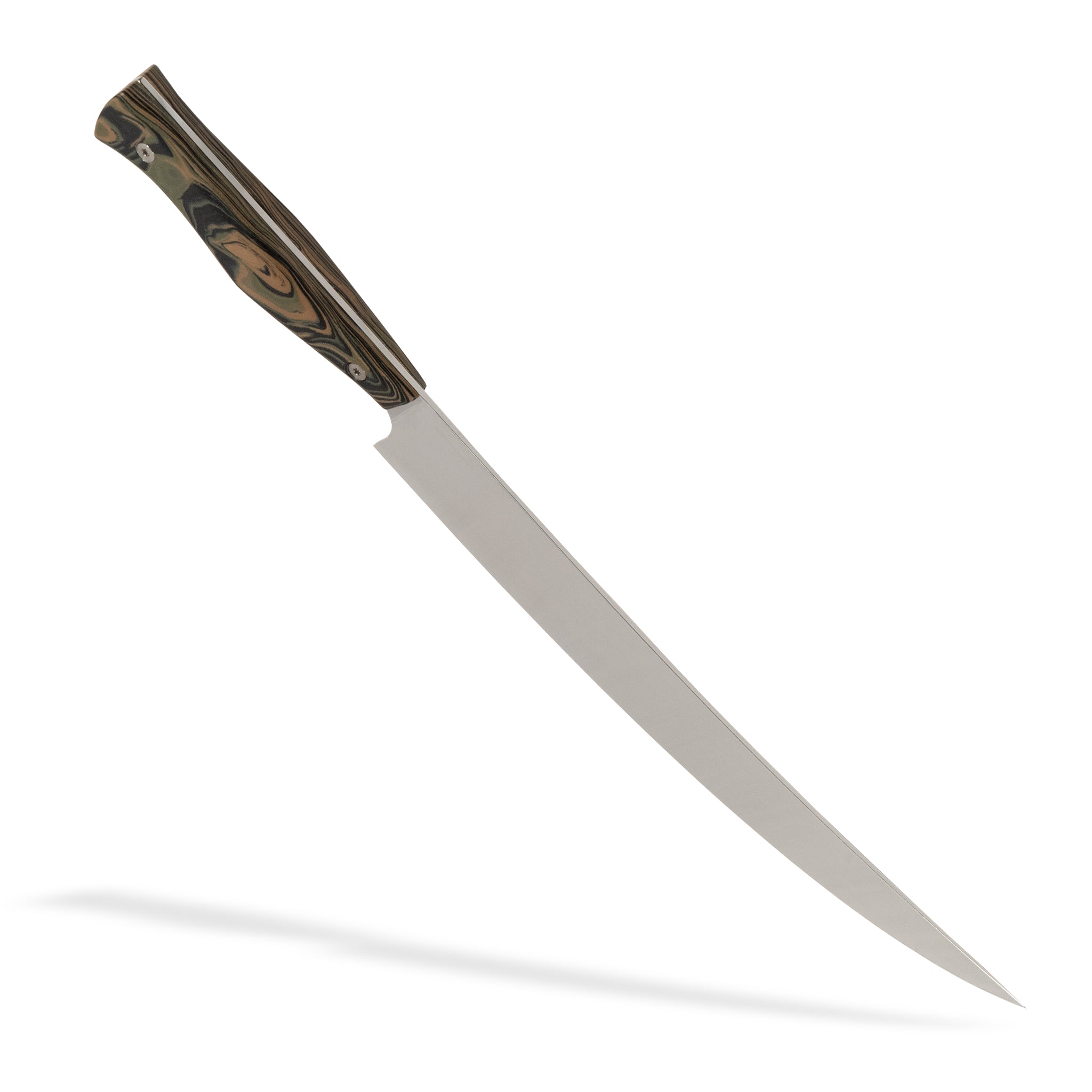 Detail view of Town Cutler Culinary 2.0 scimitar butcher knife with black, green, and tan burl g-10 handle and stainless steel blade.