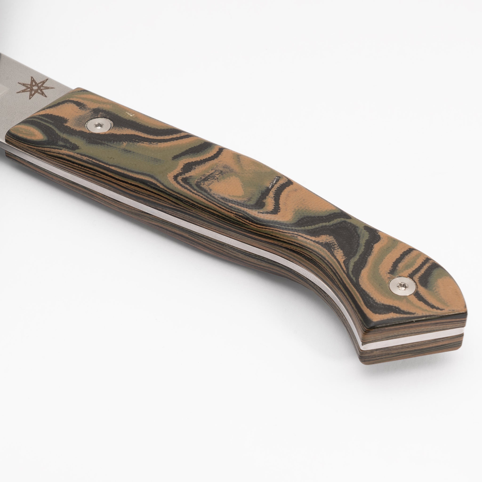 Detail photo of black, green, and tan burl G-10 kitchen knife handle Town Cutler