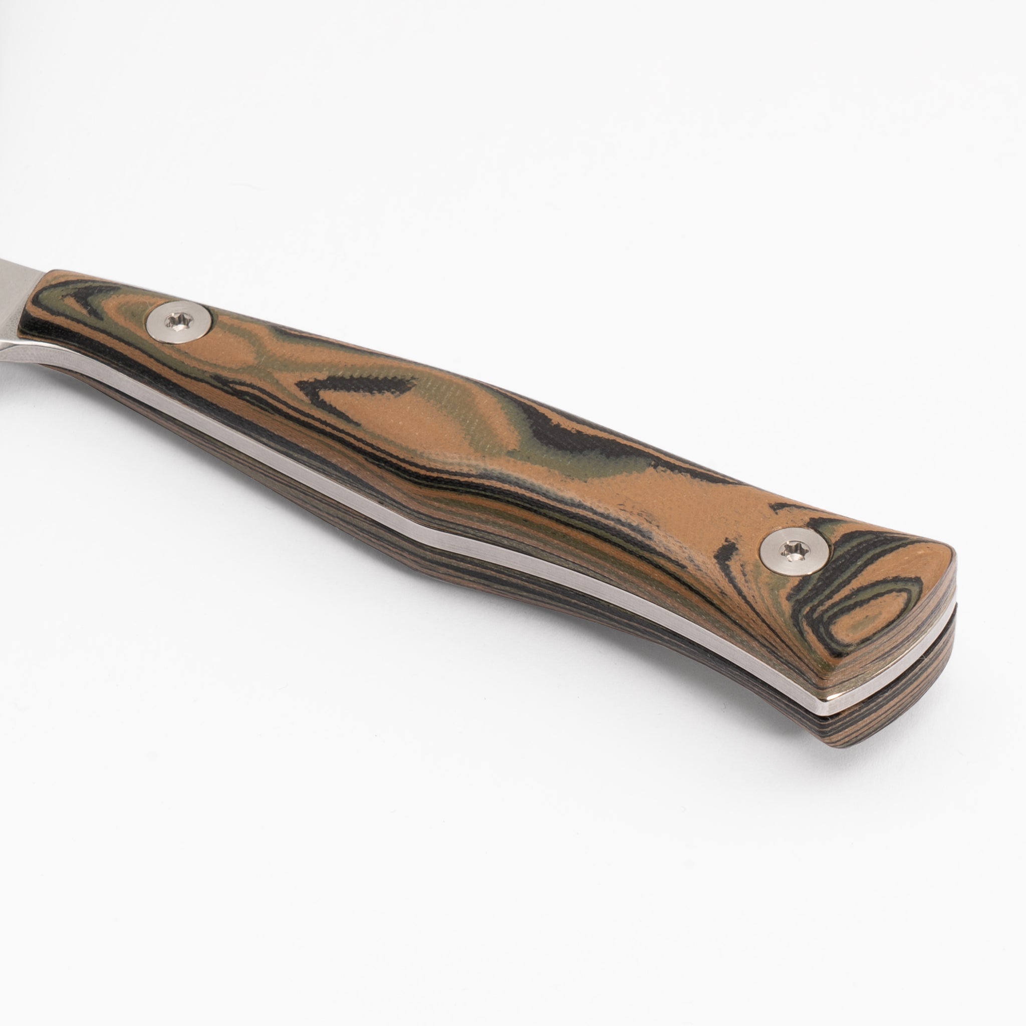 Detail photo of black, green, and tan burl G-10 kitchen knife handle Town Cutler