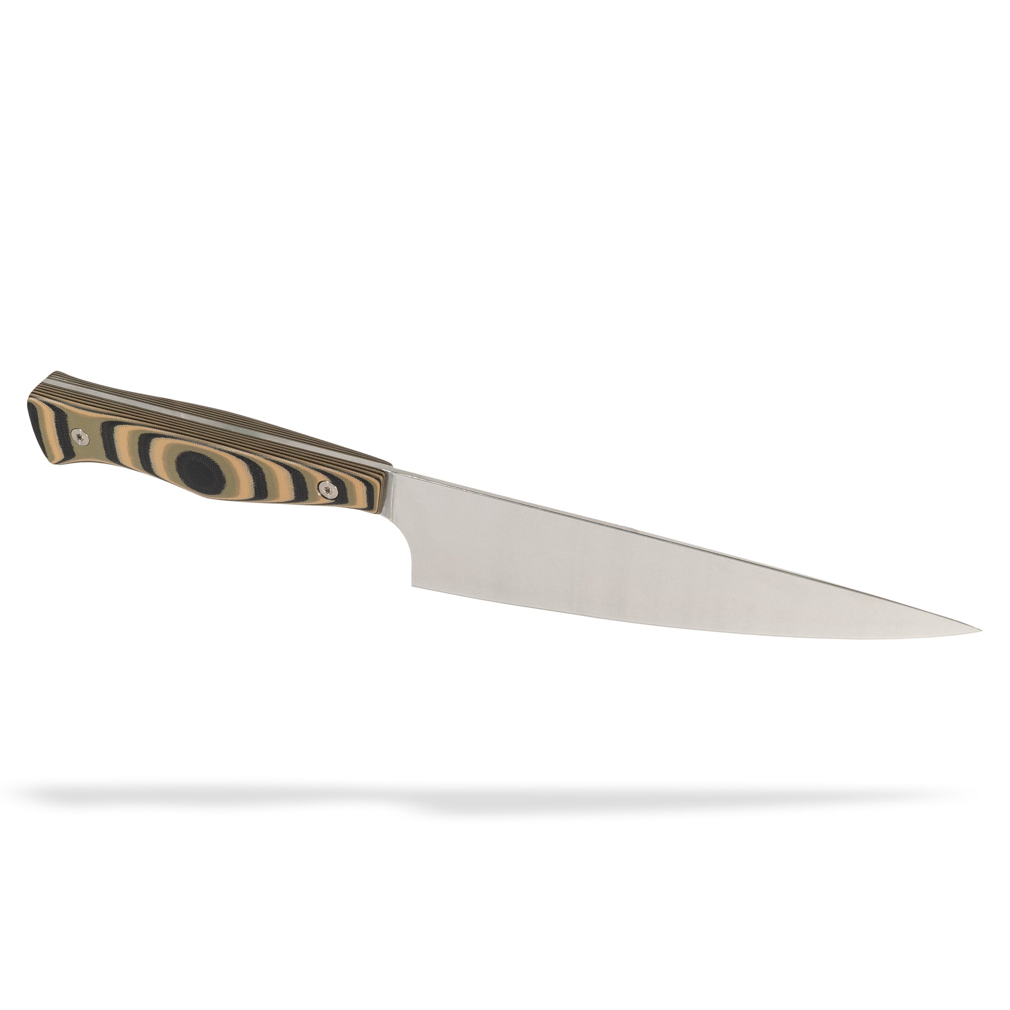Detail view of Town Cutler Culinary 2.0 7" chef knife with black, green, and tan layered g-10 handle and stainless steel blade.