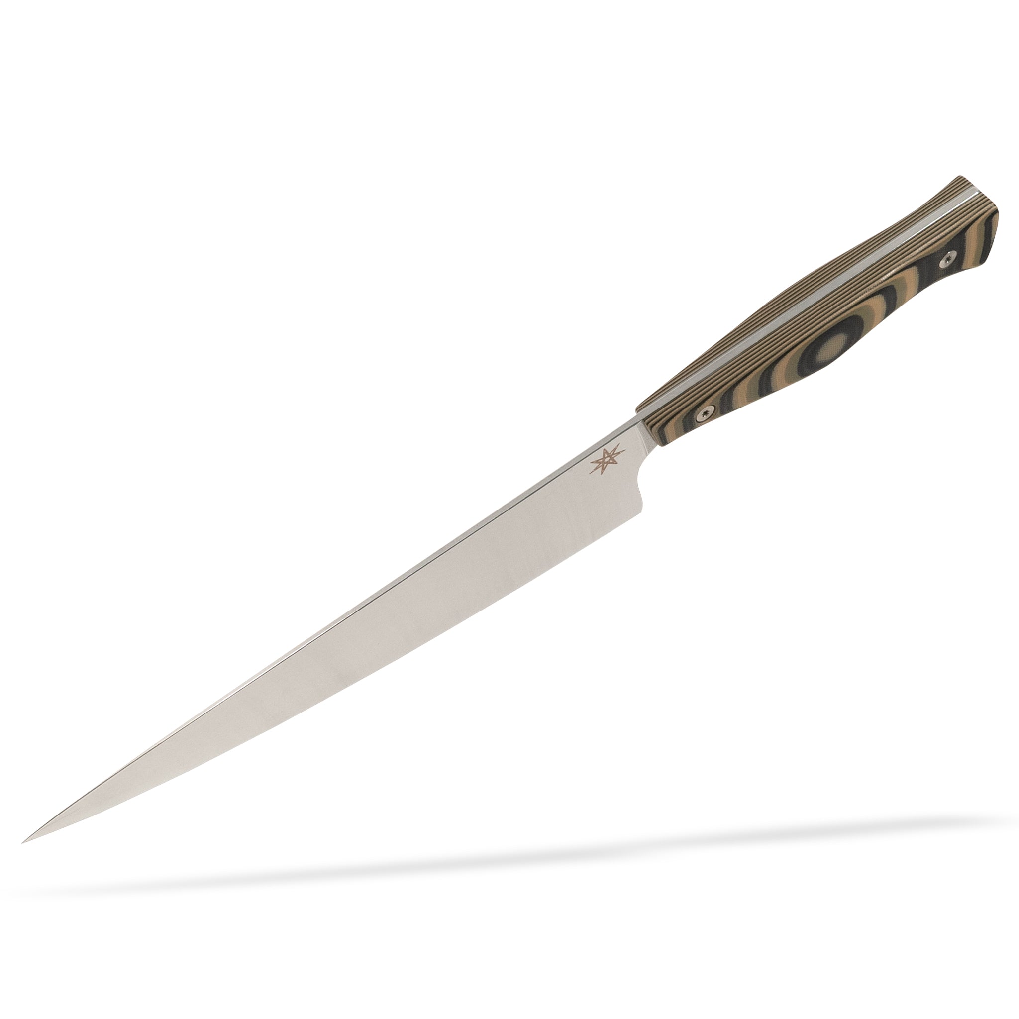 Detail view of Town Cutler Culinary 2.0 8.5" chef knife with black, green, and tan layered g-10 handle and stainless steel blade.
