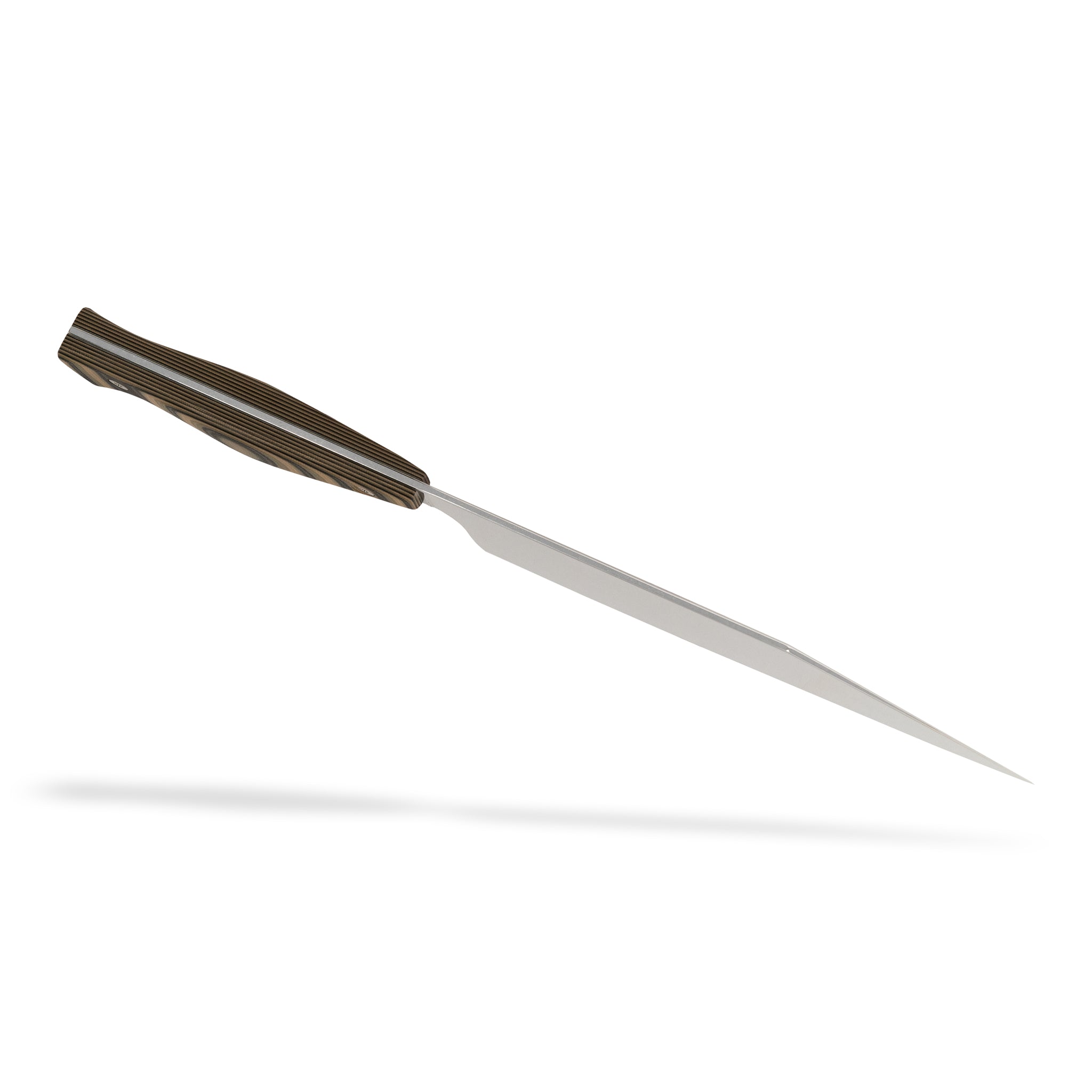 Detail view of Town Cutler Culinary 2.0 chopper kitchen knife with black, green, and tan layered g-10 handle and stainless steel blade.