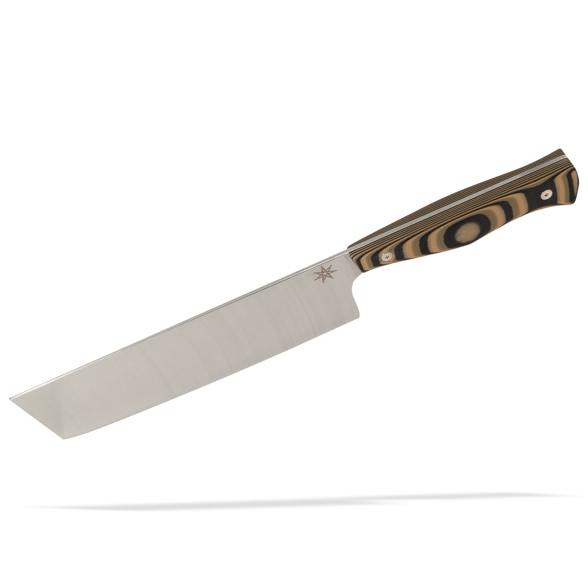 Detail view of Town Cutler Culinary 2.0 nakiri vegetable knife with black, green, and tan layered g-10 handle and stainless steel blade.