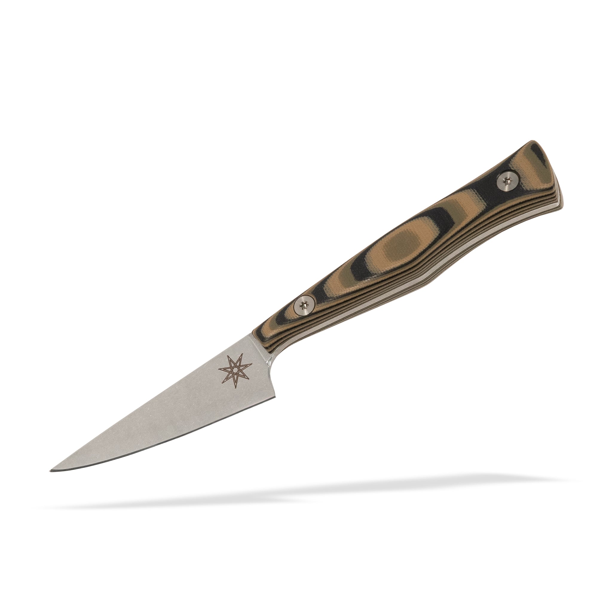 Detail view of Town Cutler Culinary 2.0 kitchen paring knife with black, green, and tan layered g-10 handle and stainless steel blade.