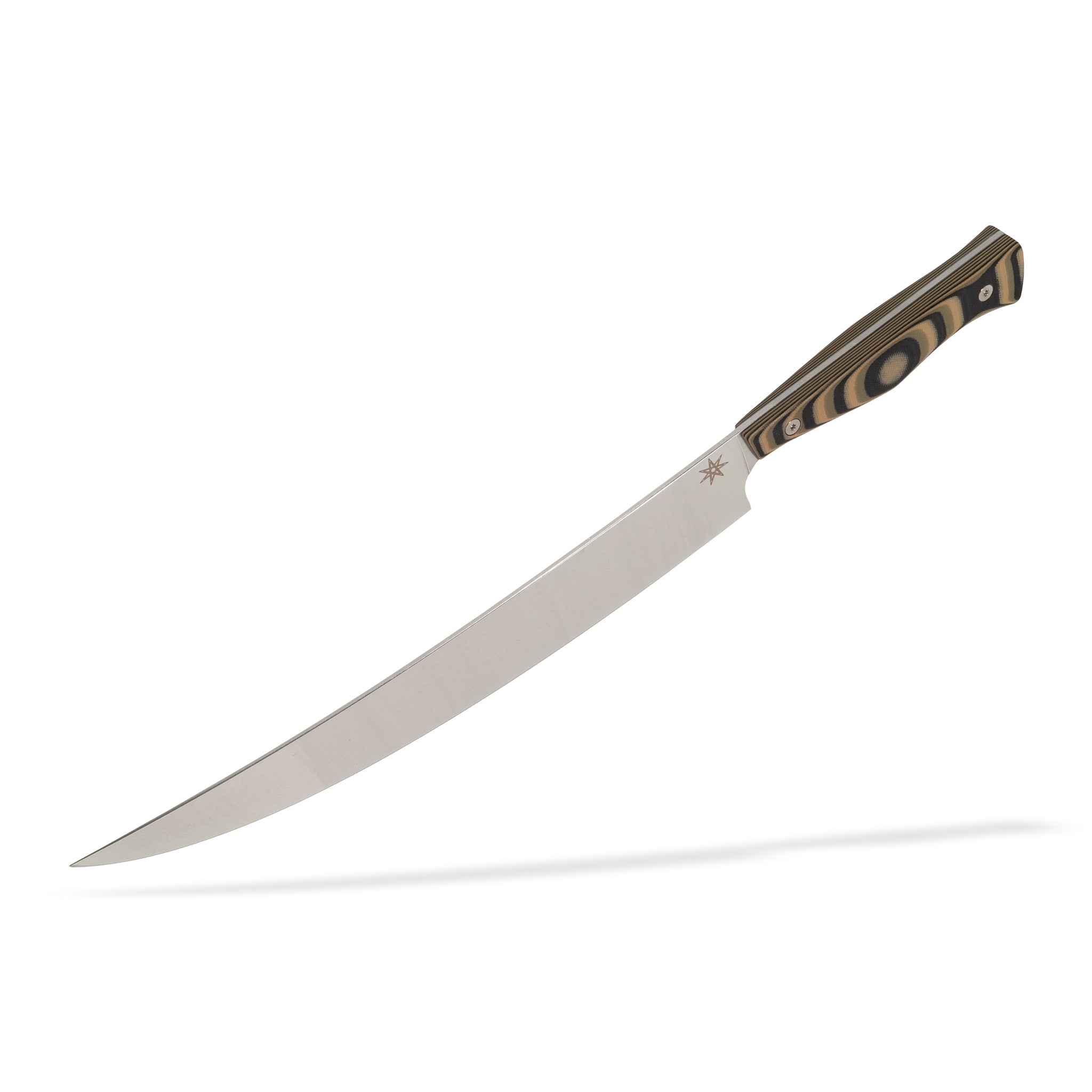Detail view of Town Cutler Culinary 2.0 Scimitar butcher knife with black and gray layered g-10 handle and stainless steel blade.