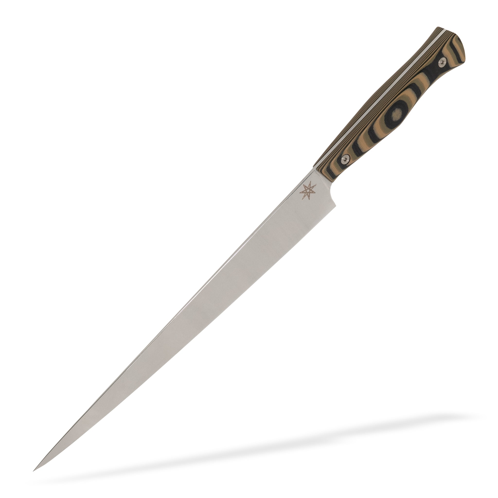 Detail view of Town Cutler Culinary 2.0 slicer carving knife with black and gray layered g-10 handle and stainless steel blade.