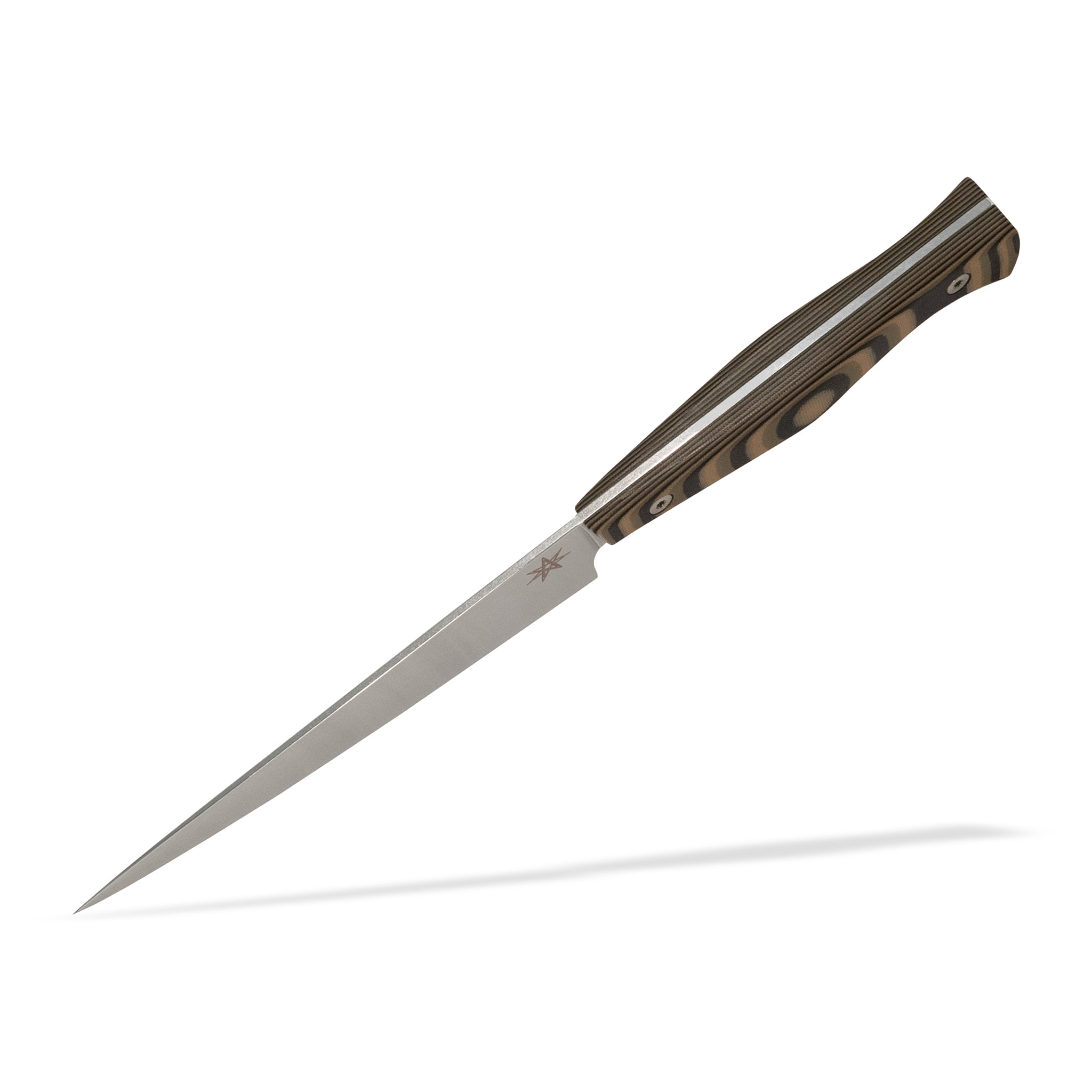 Detail view of Town Cutler Culinary 2.0 kitchen utility petty knife with black, green, and tan layered g-10 handle and stainless steel blade.