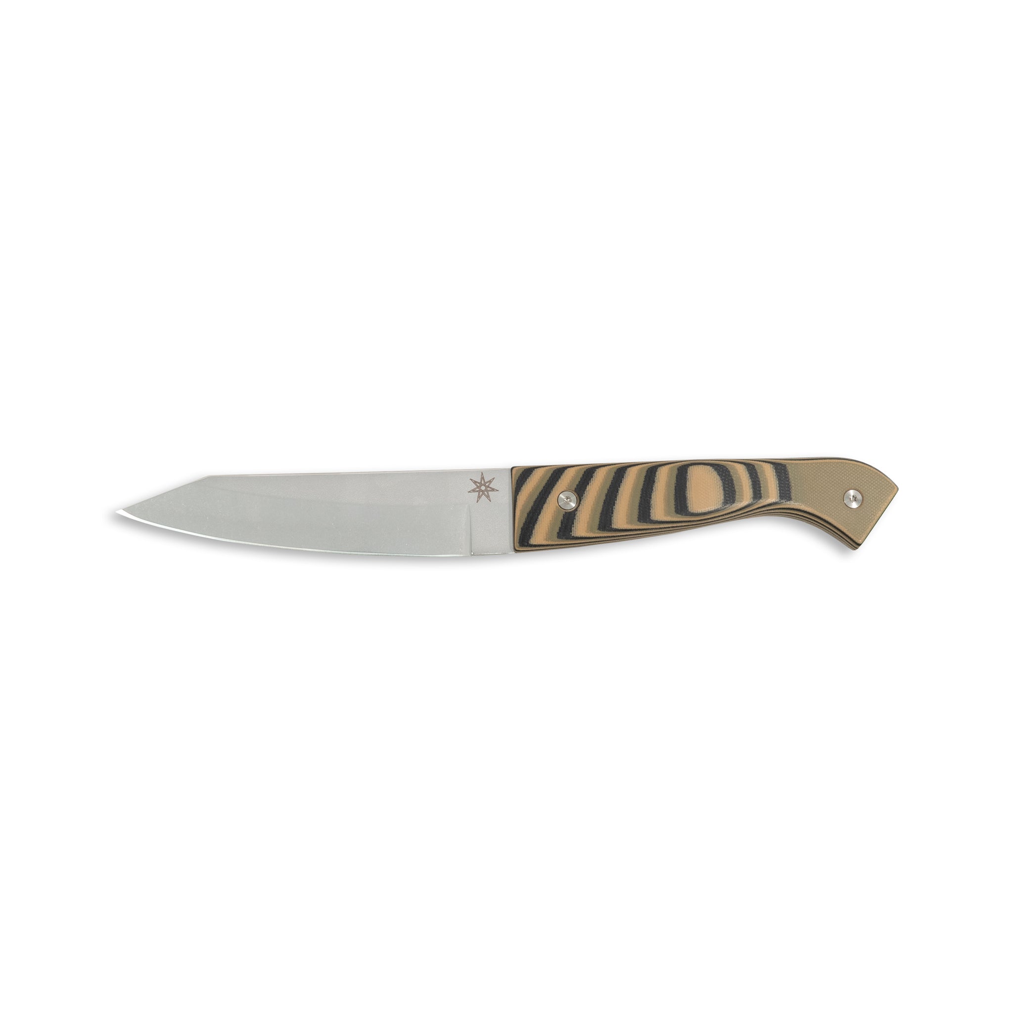 Stainless steel hankotsu boning knife with Black, Green, and Tan Layered G-10 handle.