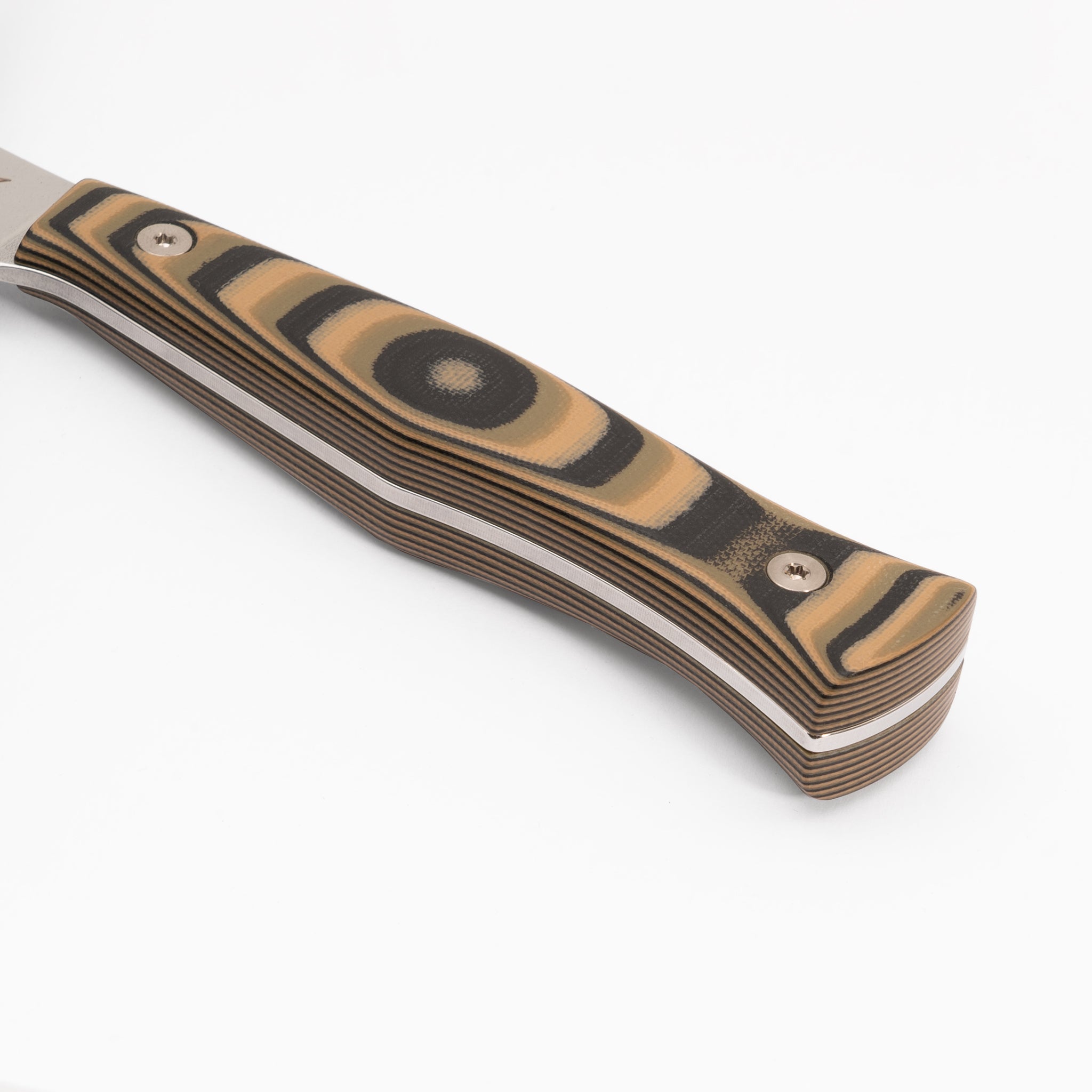 Detail photo of black, green, and tan layered G-10 kitchen knife handle Town Cutler