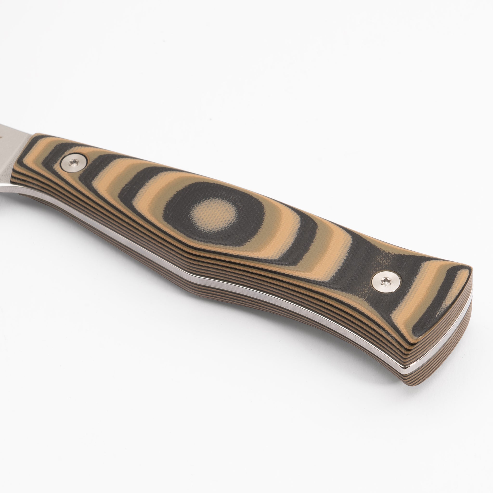 Detail photo of black, green, and tan layered G-10 kitchen knife handle Town Cutler